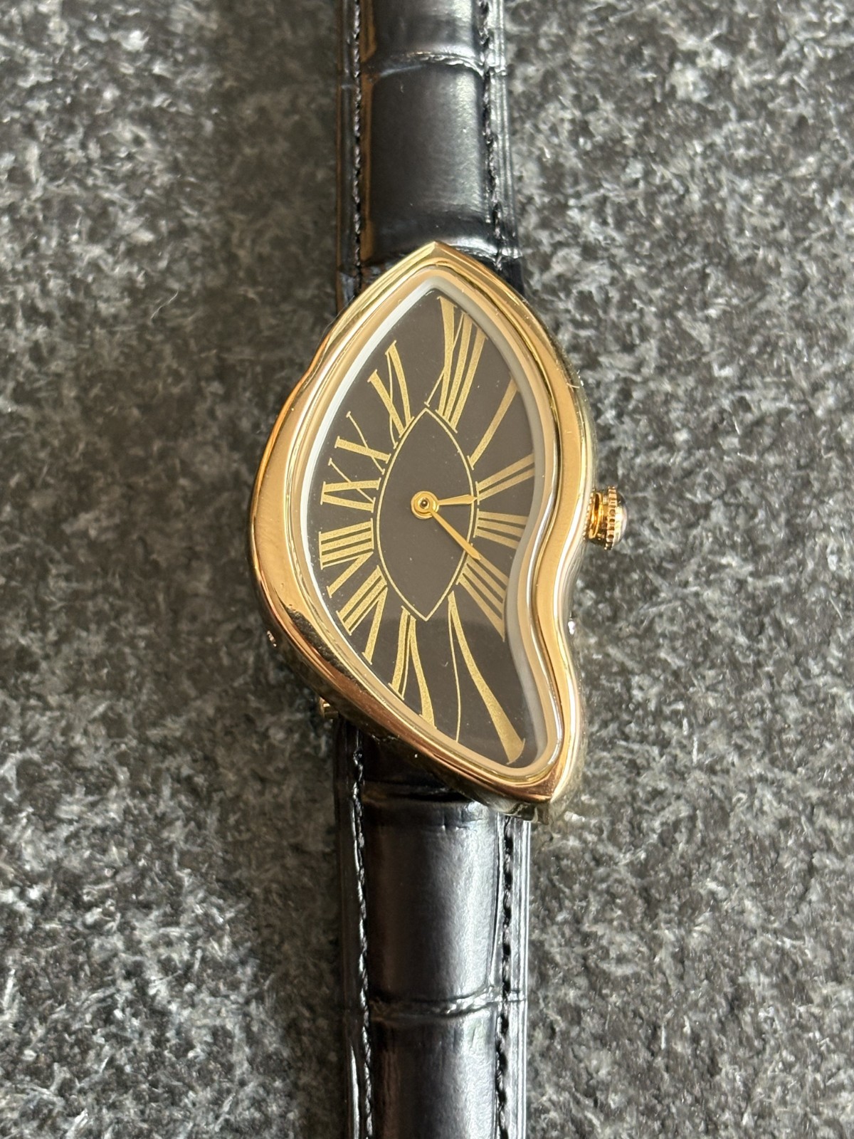 French Gold Melting Dali Black Alligator Strap Dress Watch Numeral Quartz