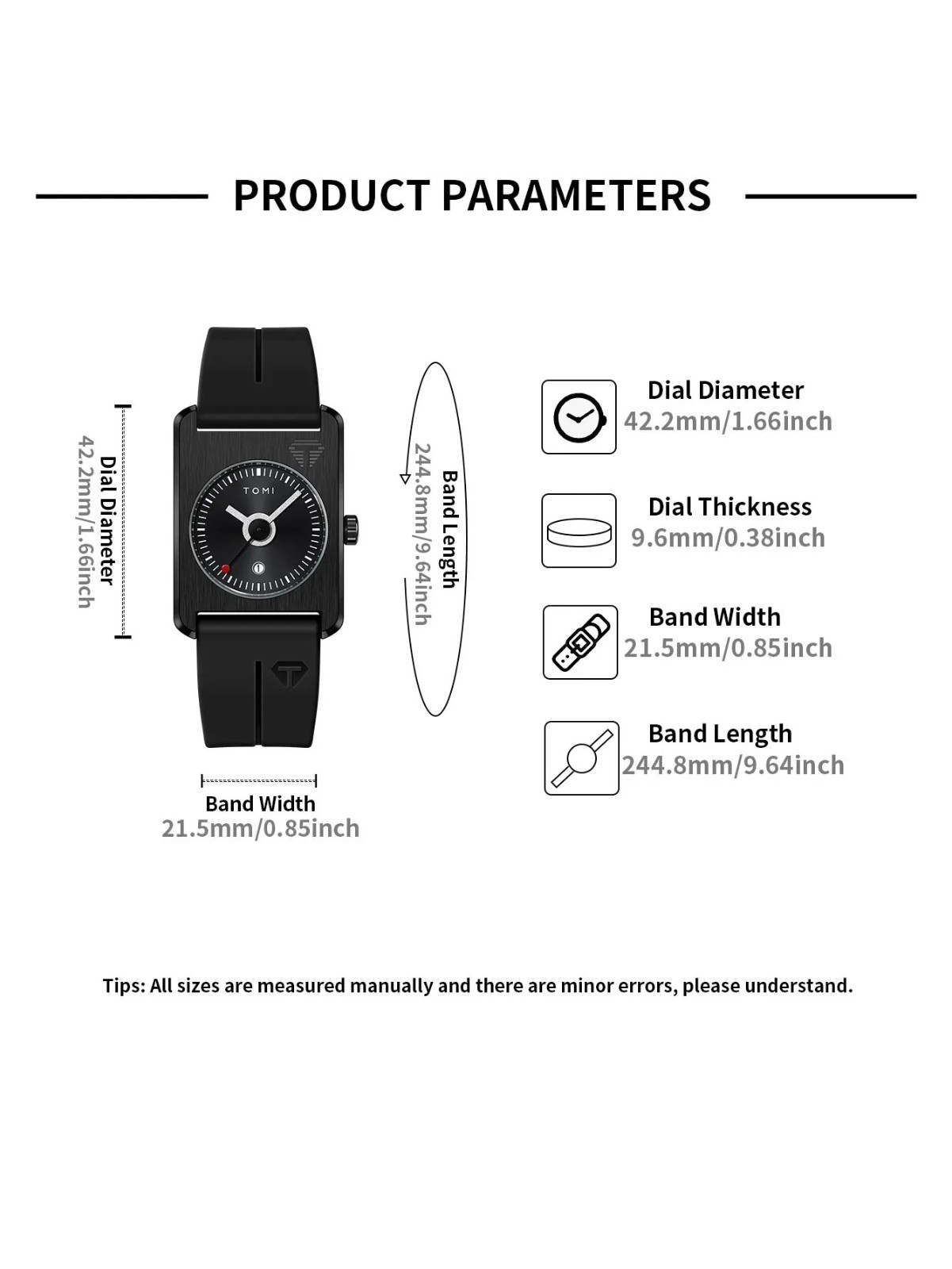 TOMI Minimalist Rectangle Quartz Watch Unisex Silicone Strap Magnetic Clasp 42mm