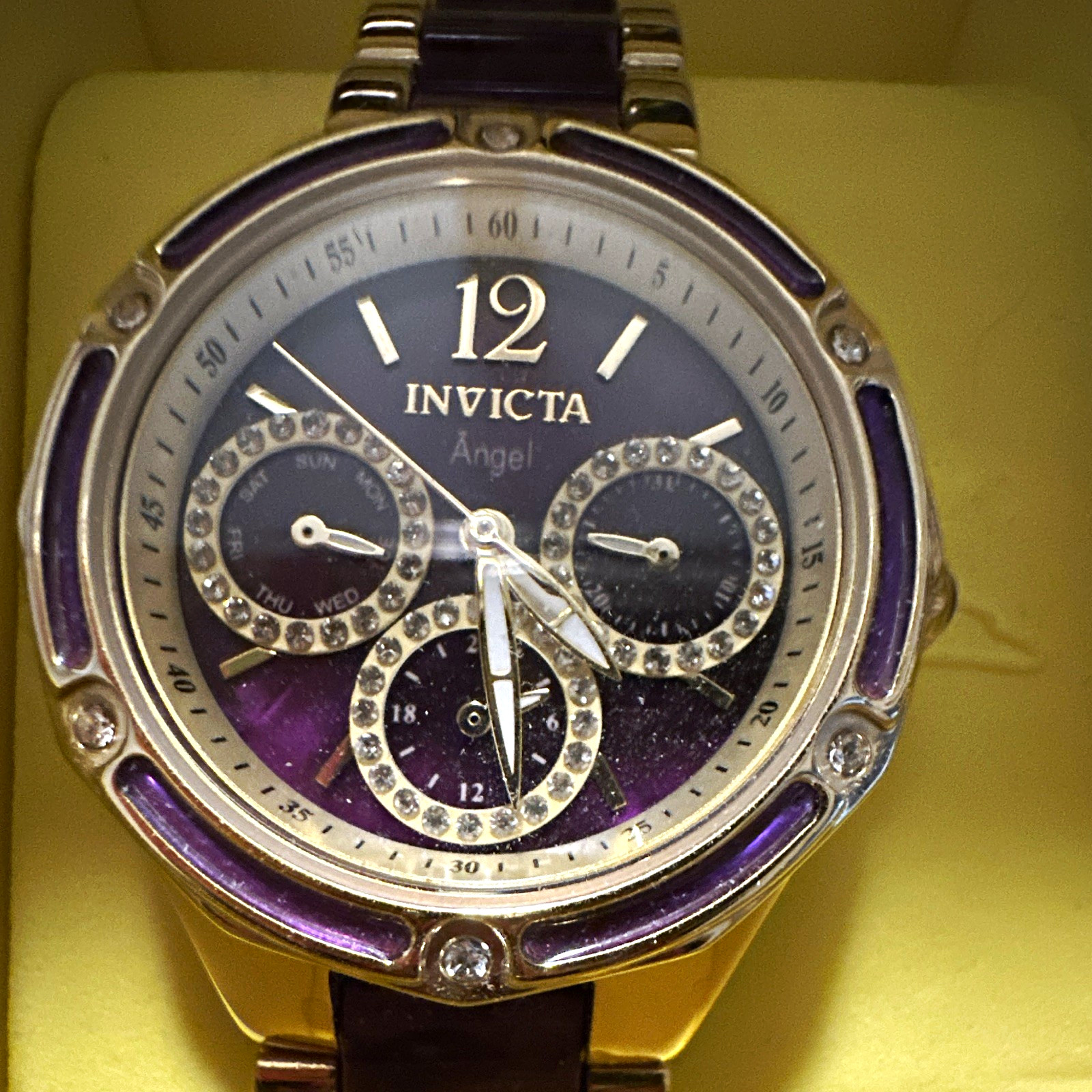 Invicta Angel Women’s Quartz 34mm 100m Purple Dial Gold Bracelet w/ Box