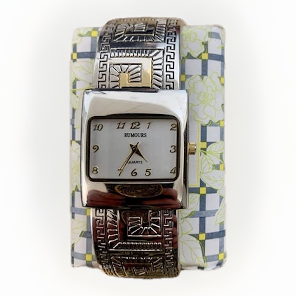 VTG Chunky ART DECO Hinged Cuff Statement Watch Greek Key Scroll Silv/Gold WORKS