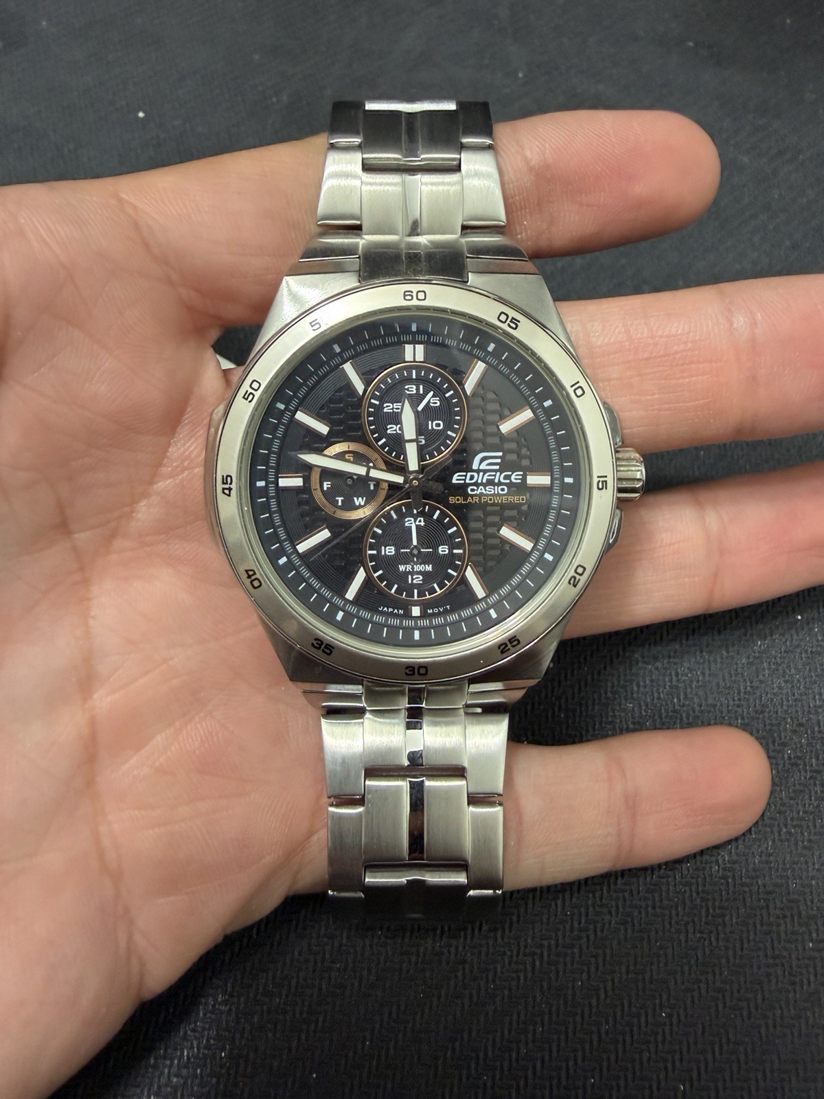 NWT $150 Casio Edifice EF340SB-1A Solar Chrono Black Steel Box Papers
