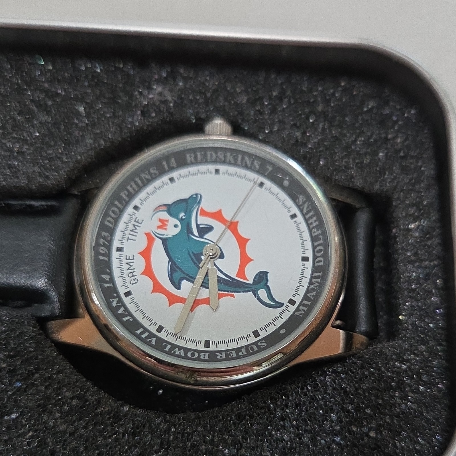 Game Time Miami Dolphins Super Bowl VII Quartz Analog 40mm SS Leather w Tin