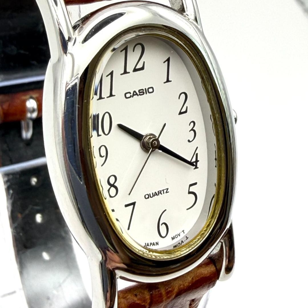 Casio Oval Watch, Battery Replaced, Gold, Genuine Leather Strap, Brown, Working
