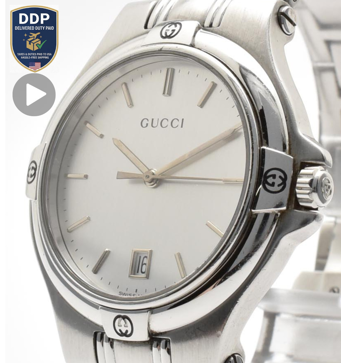 [Exc+5] GUCCI 9040M Quartz Silver Dial Date G-Logo Stainless Watch 16cm JAPAN