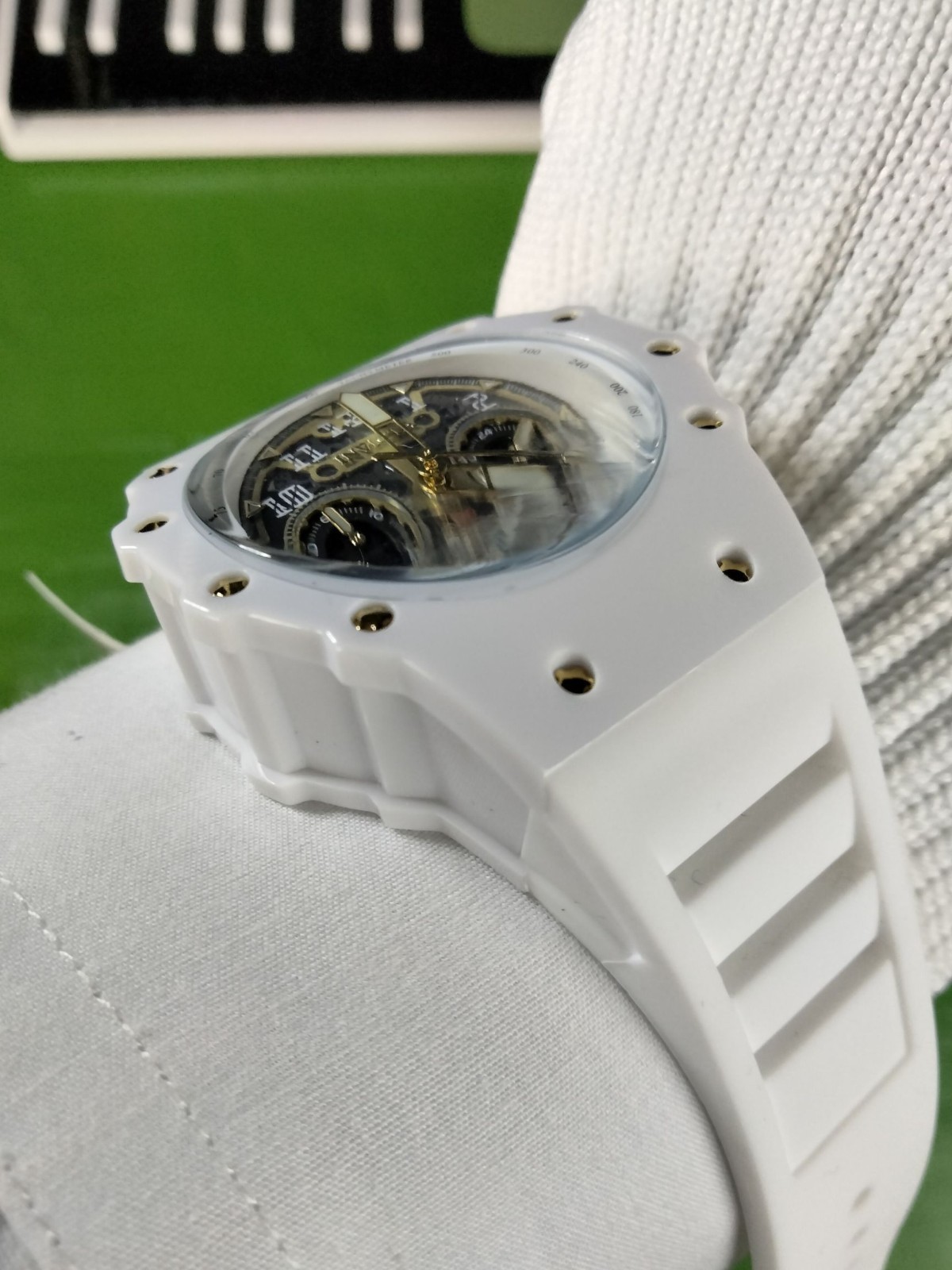 Invicta Racing 69649 Men White Skeleton Gold Dial Silicone Quartz Watch 43.5 mm