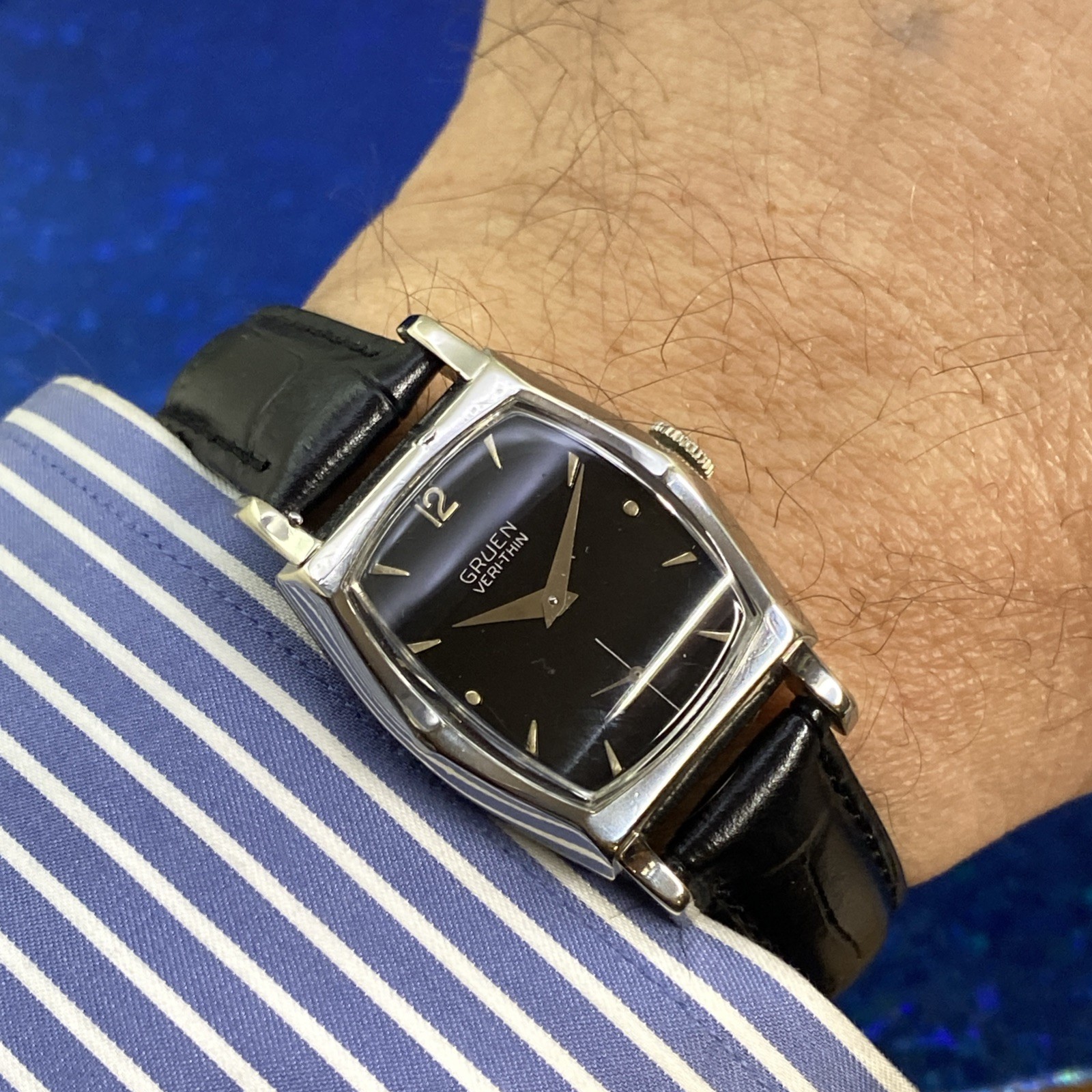 Vintage 1940’s Man’s GRUEN Veri-Thin Stunning Black Dial Fully Serviced WARRANTY