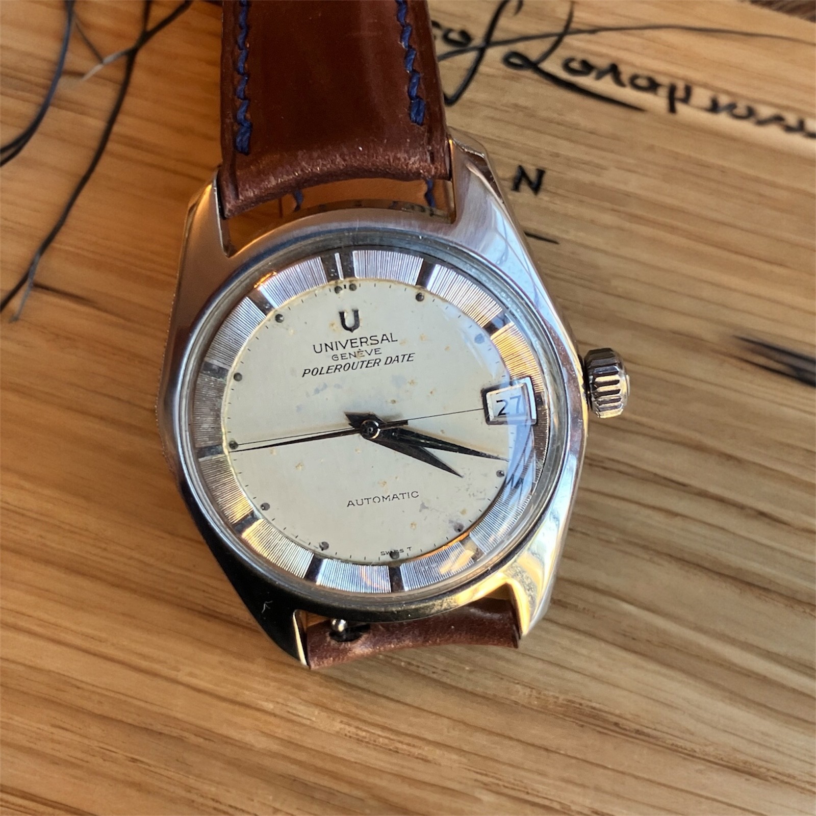 Universal Geneve Polerouter Auto Date ST 35mm case Cream Index dial Strap 1960