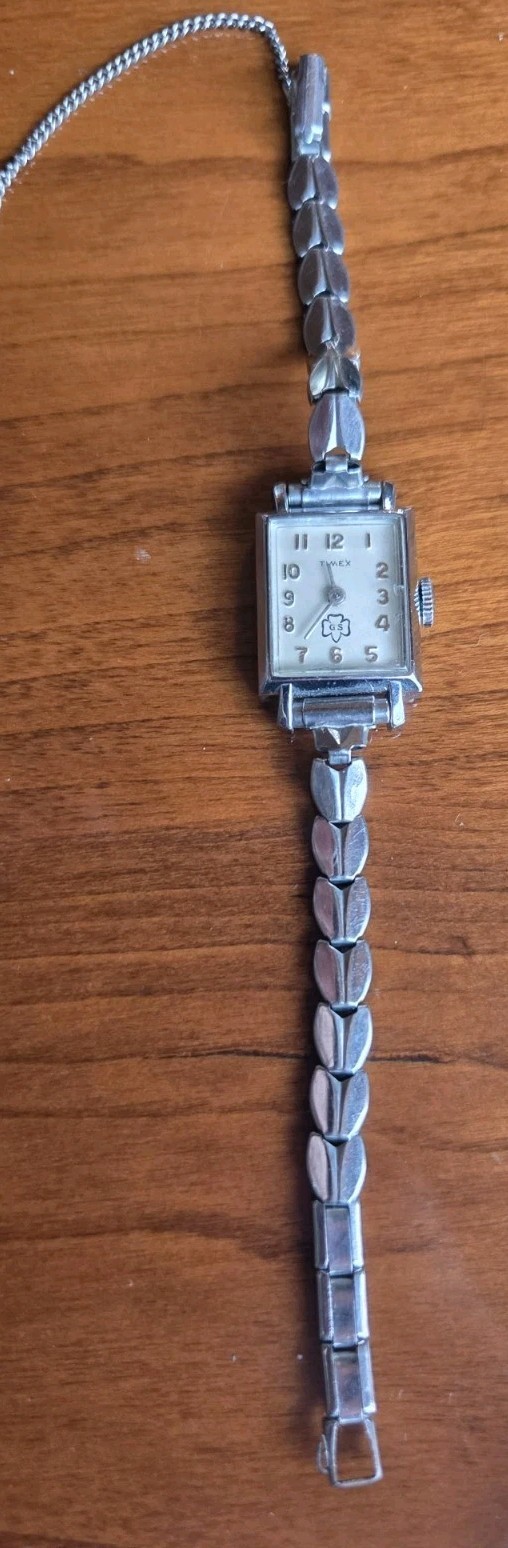 Vintage Timex Girl Scouts Mechanical Wrist Watch Runs Well Silver Tone