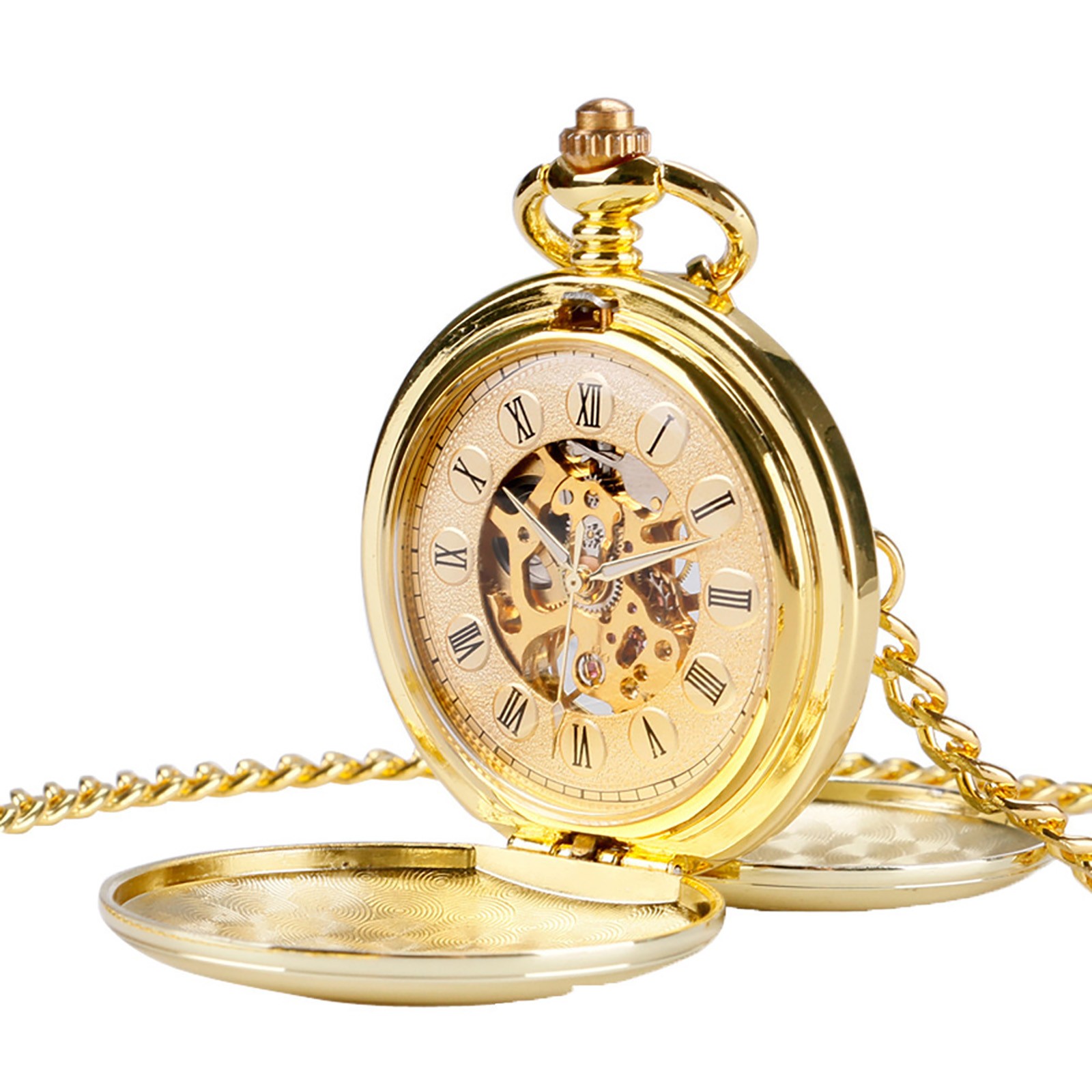 1Pc New Men’s Mechanical Retro Pocket Watch with Chain Retro Roman Numerals