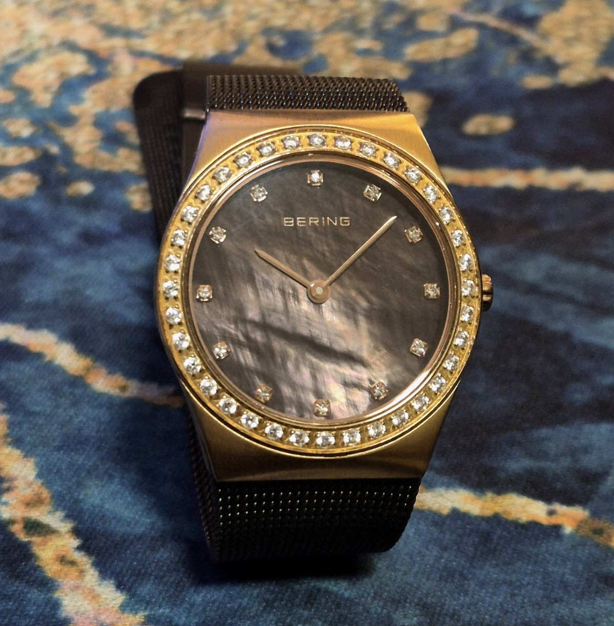 BERING Women’s Quartz Dress Watch Gold Case/Bezel Black MoP Dial Mesh Band