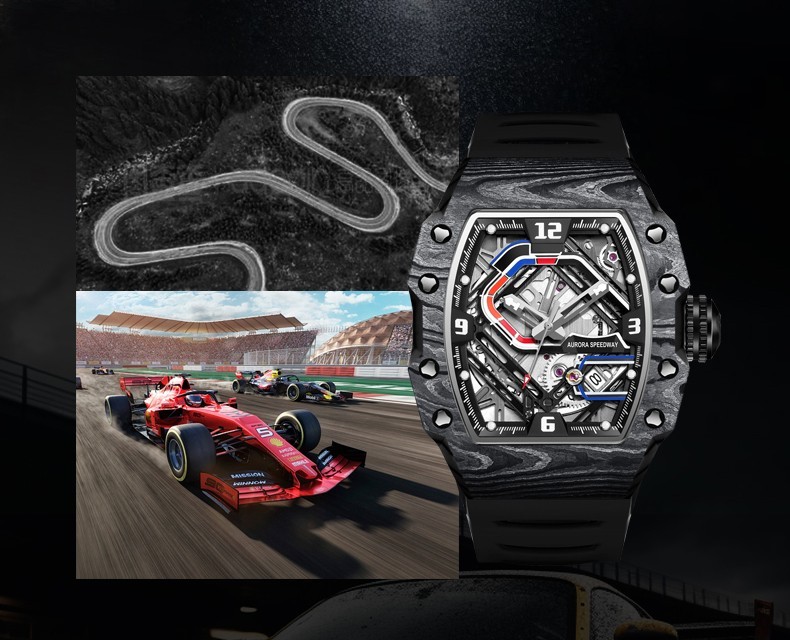 HANBORO Men Automatic Watch Tonneau Mechanical Wristwatch Carbon Fiber Racetrack