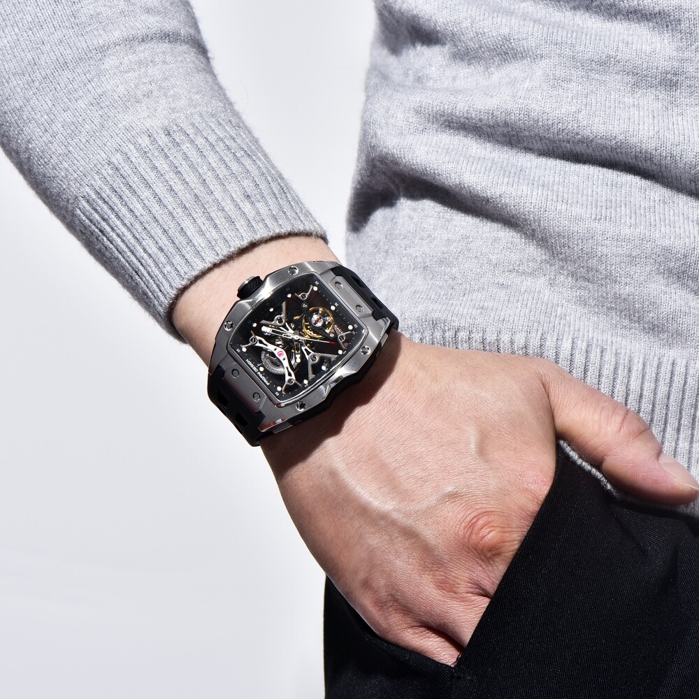 Men’s Automatic Mechanical Tonneau Watch Sapphire Waterproof Double-sided Hollow