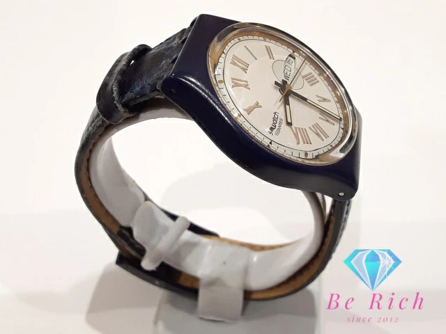 Swatch Day-Date Watch S17 8727 White Navy Plastic Resin Leather Bracelet Analog