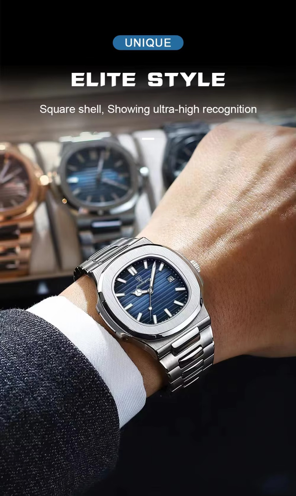 POEDAGAR Luxury Business Men’s Quartz Watch 3Bar Square Luminous Date Stainless
