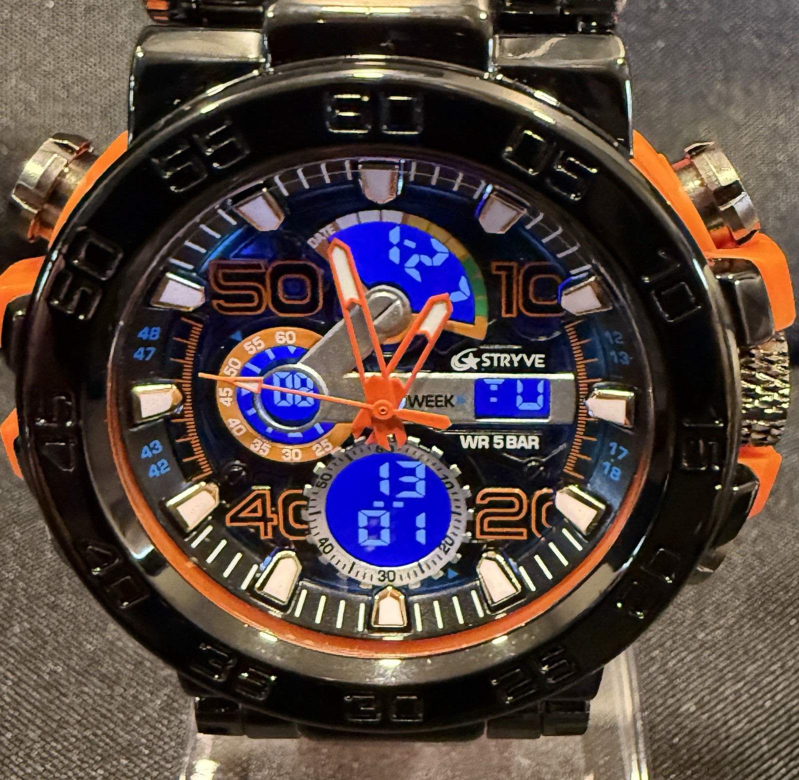 STRYVE Men’s Analog-Digital Sports Watch – Black Case W/ Orange Silicone Strap