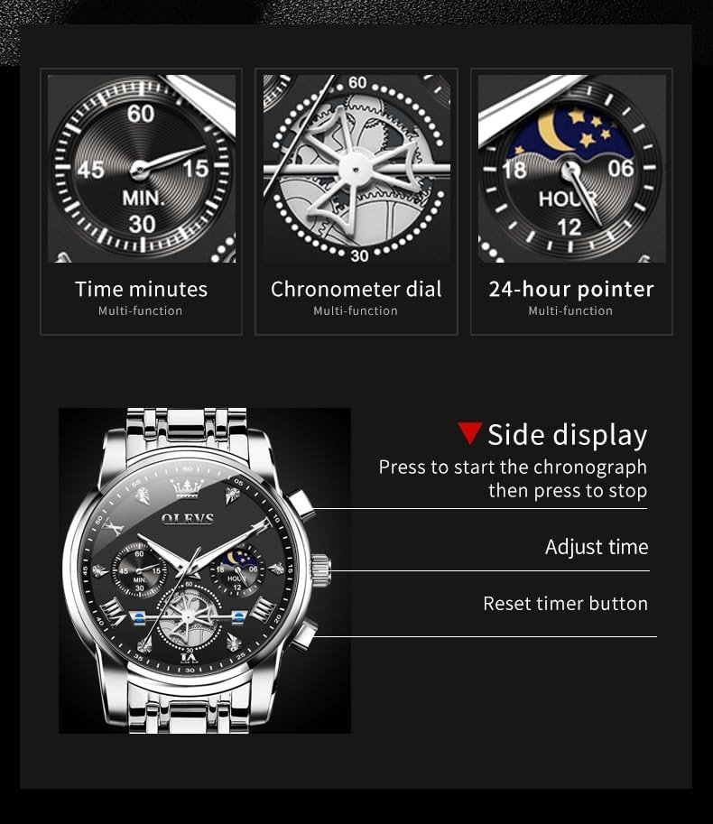 Elegant Stainless Steel Men’s Watch with Black Face & Diamond Roman Numerals