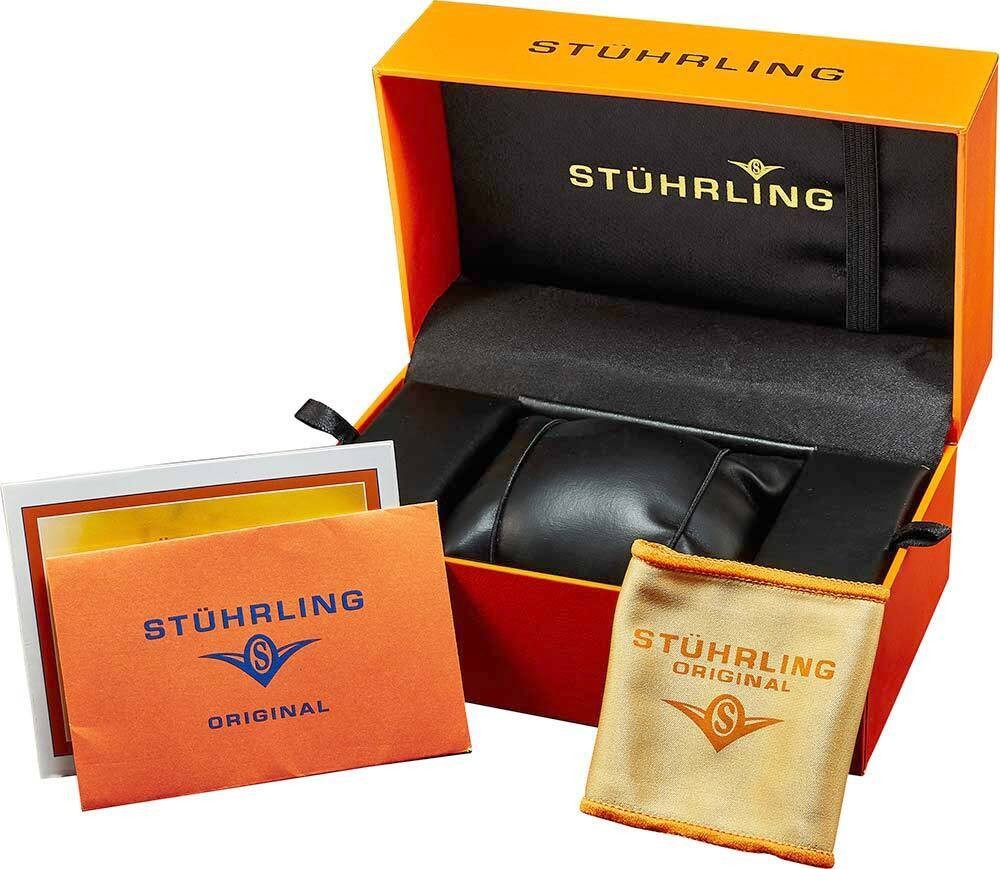Stuhrling 1019 01 Vanguard Dual Time Automatic Black Leather Strap Mens Watch