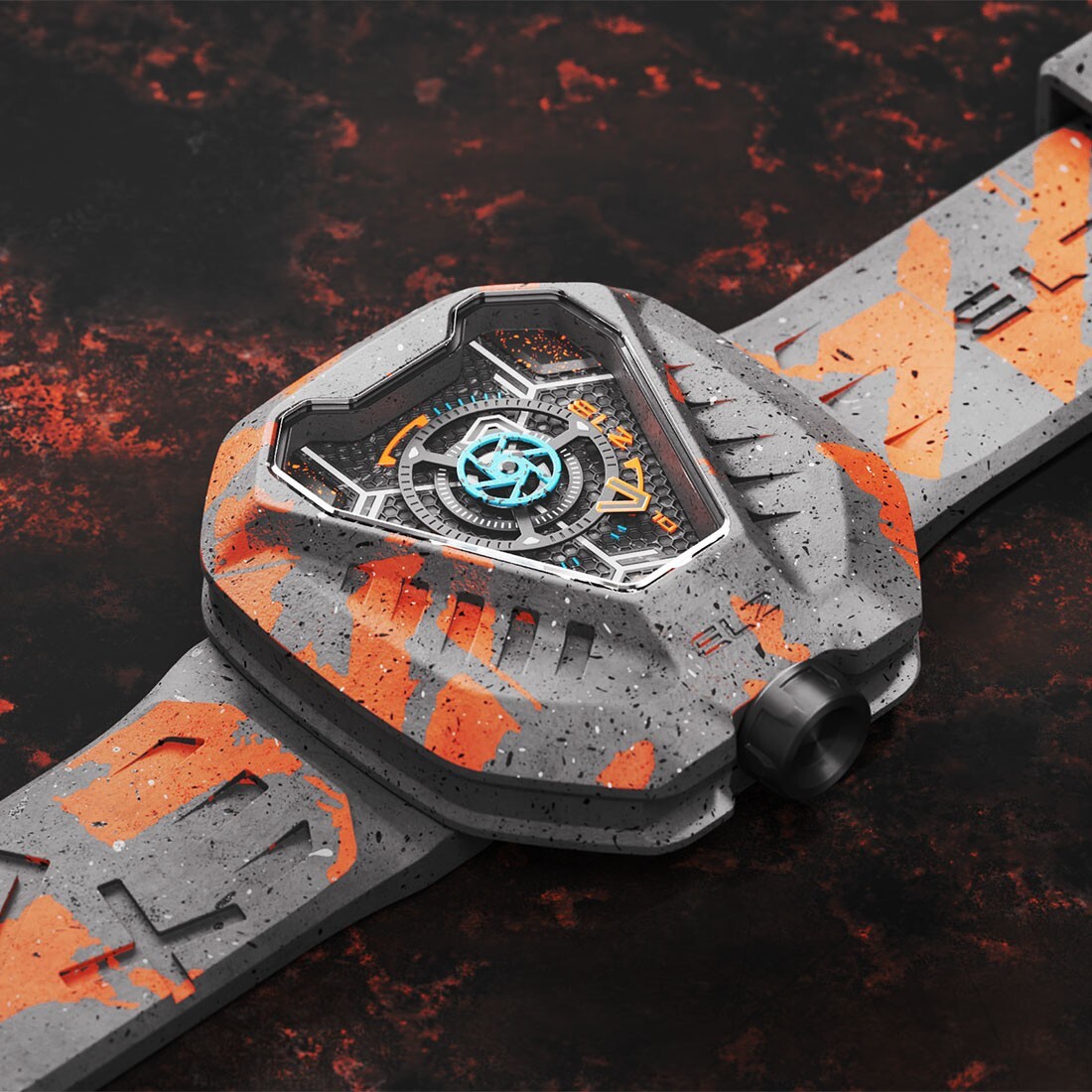 The ElectricianZ XO The Lunar Swiss Quartz Rubber Neon Orange PVD Men’s Watch