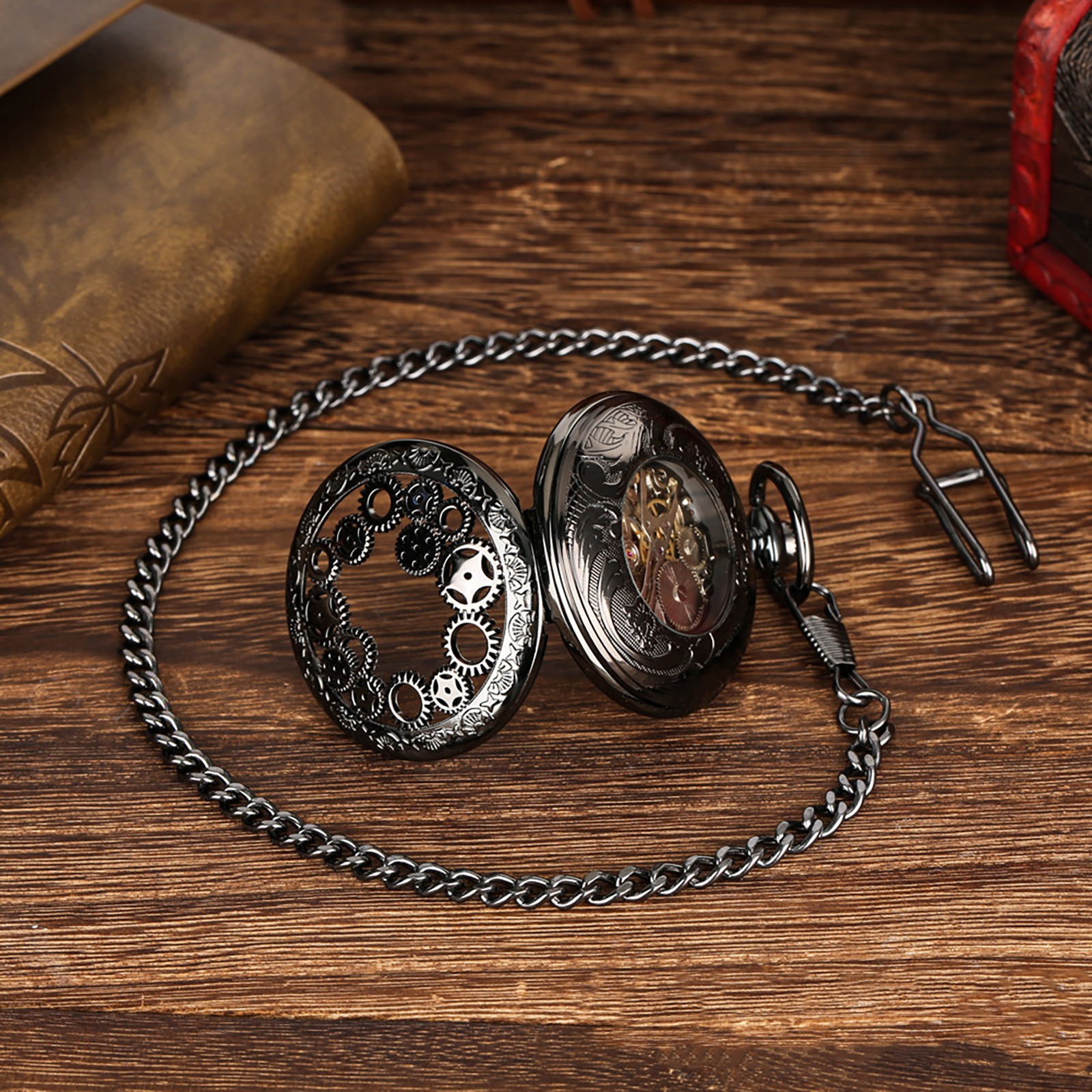 1 PC Mens Skeleton Mechanical Pocket Watch Hollow half Hunter Pocket Watch
