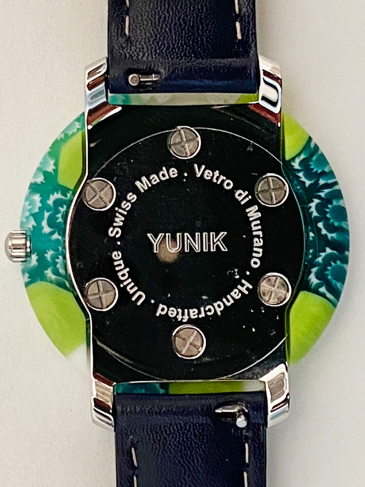 Yunik Handcrafted Murano glass 36mm watch genuine leather strap w/ safety buckle