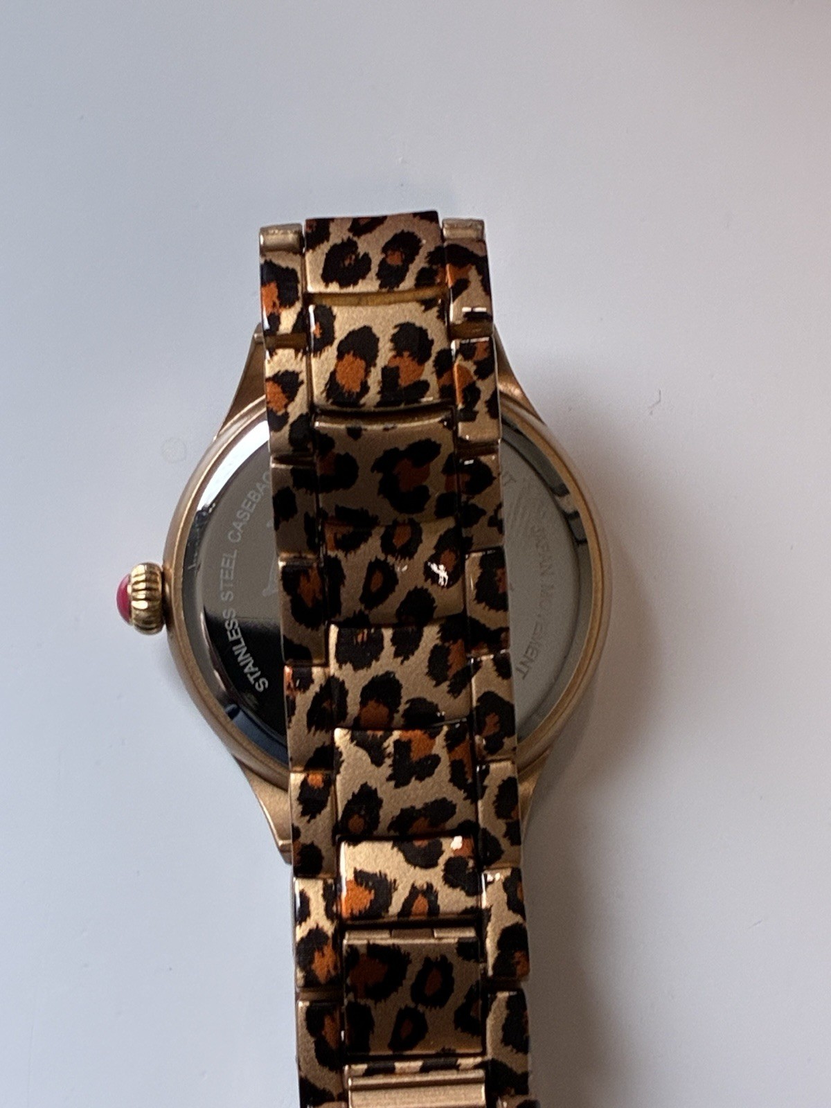 Betsey Johnson Leopard Watch Crystal Bezel Pink Print Case Heart Hand