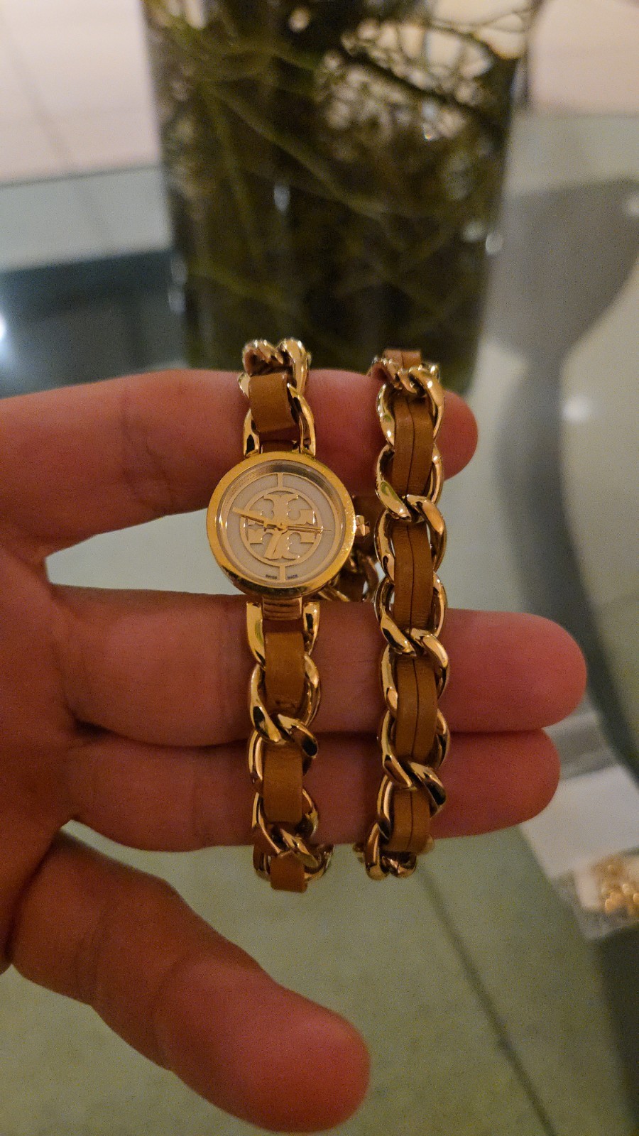 Tory Burch Mini Reva Watch Gold-tone Chain Bracelet Interwoven Brown Leather.