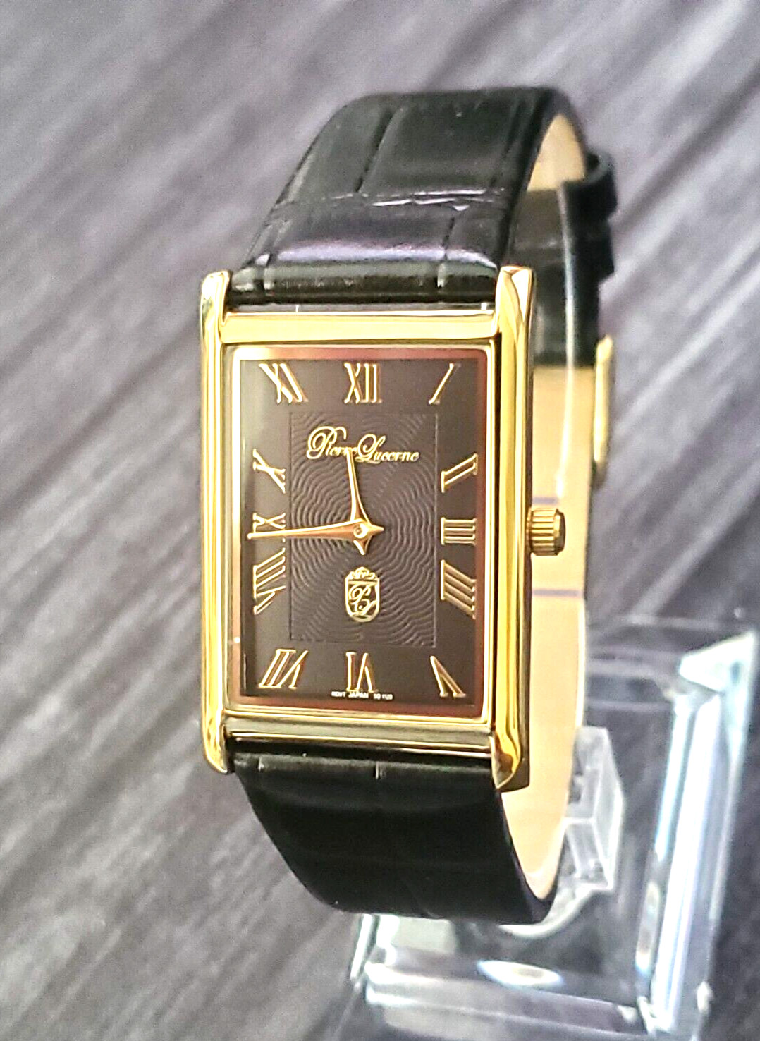Pierre Lucerne Slim Mens Seiko-Y120 Tank Watch Japan Gld Blk