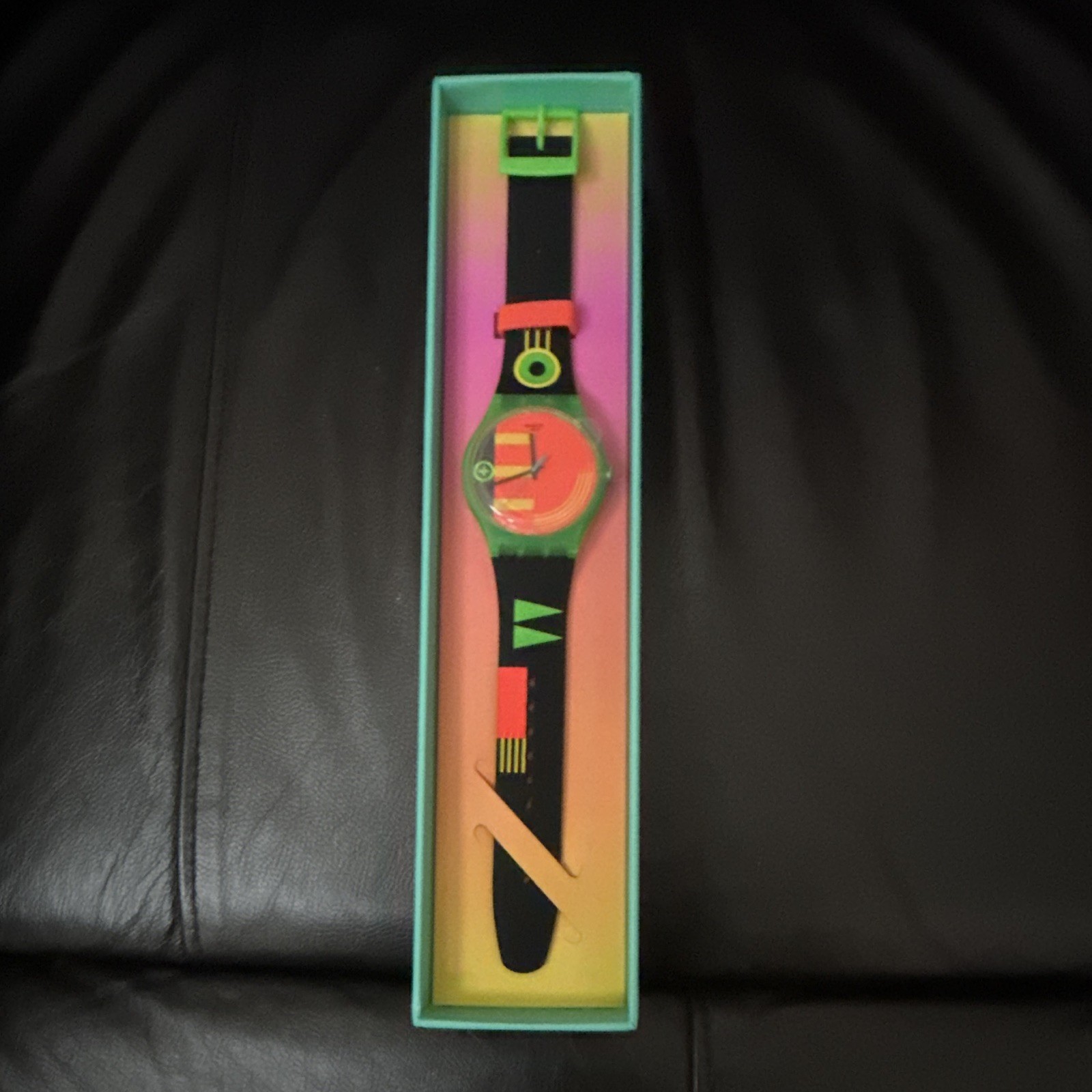 Swatch Analog Wristwatch Black Plastic Strap Multicolor Dial Round w/ Box