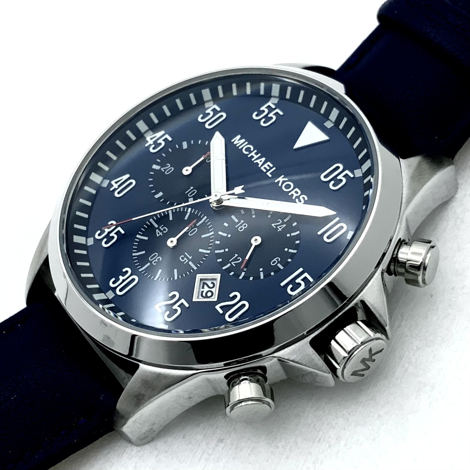 NEW AUTHENTIC MICHAEL KORS GAGE SILVER BLUE LEATHER CHRONOGRAPH MEN MK8617 WATCH