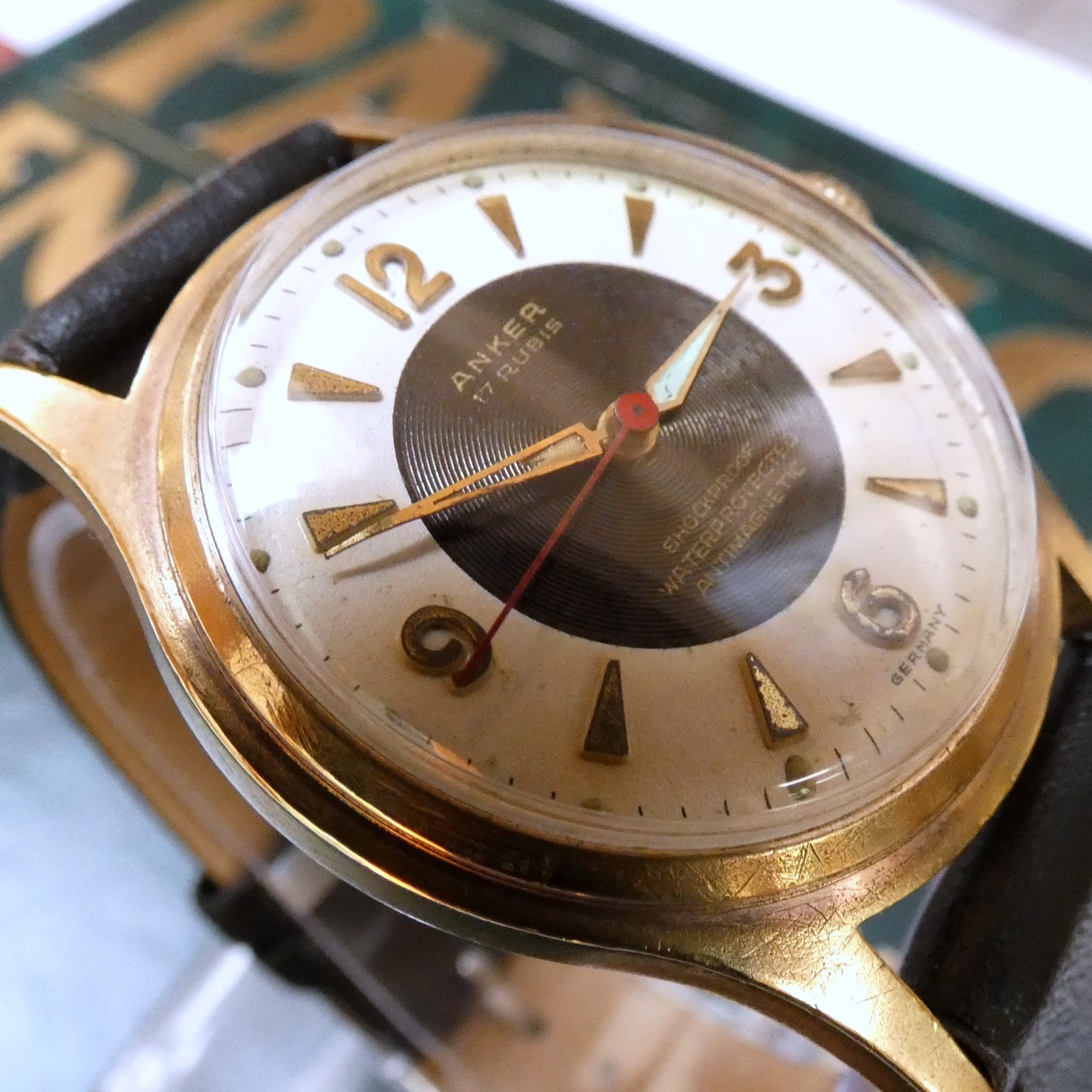 Vintage ANKER 1950s Reverse Tuxedo Bullseye Dial 17J Mechanical Gold Plated 33mm