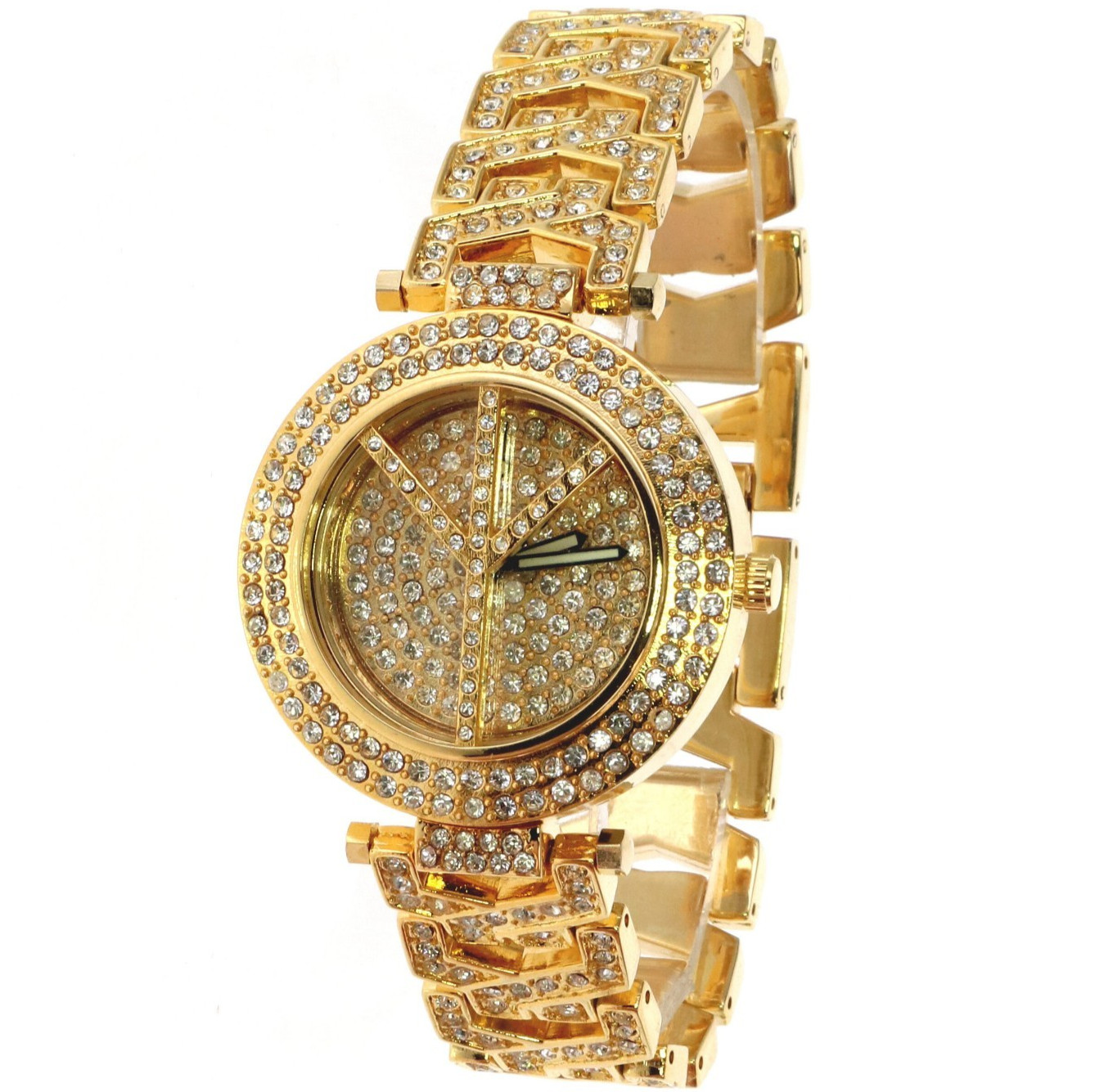 Ladies Gold Tone Fully Ice CZ Clubbing PEACE SIGN Watch 38.5mm