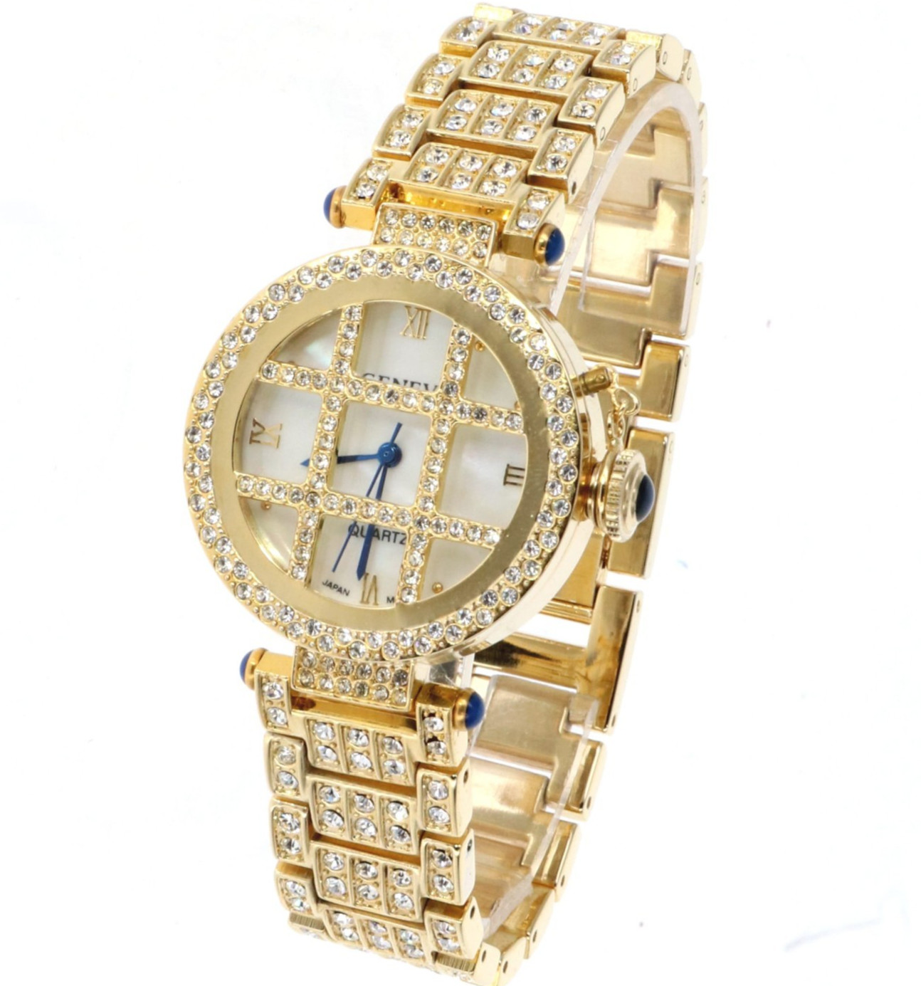 Women’s Gold Tone Fully Iced Bezel & Band Watch Mother of Pearl Dial 35.5mm