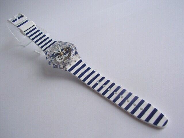 JUST PAUL! Blue/White Striped SKELETON DIAL Swatch w Silicone Strap! NIB-RARE!