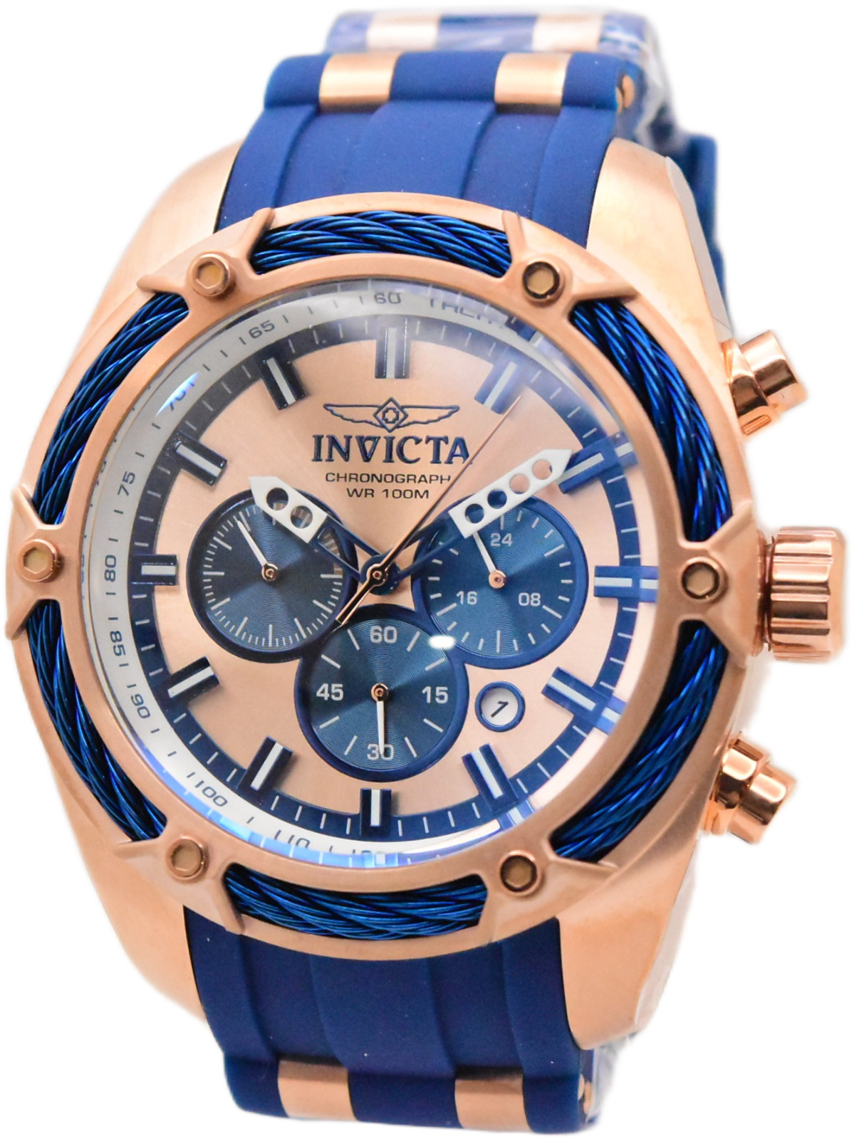Invicta Bolt Men’s 52mm Rose Gold Blue Cable Silicone Chronograph Watch 31434