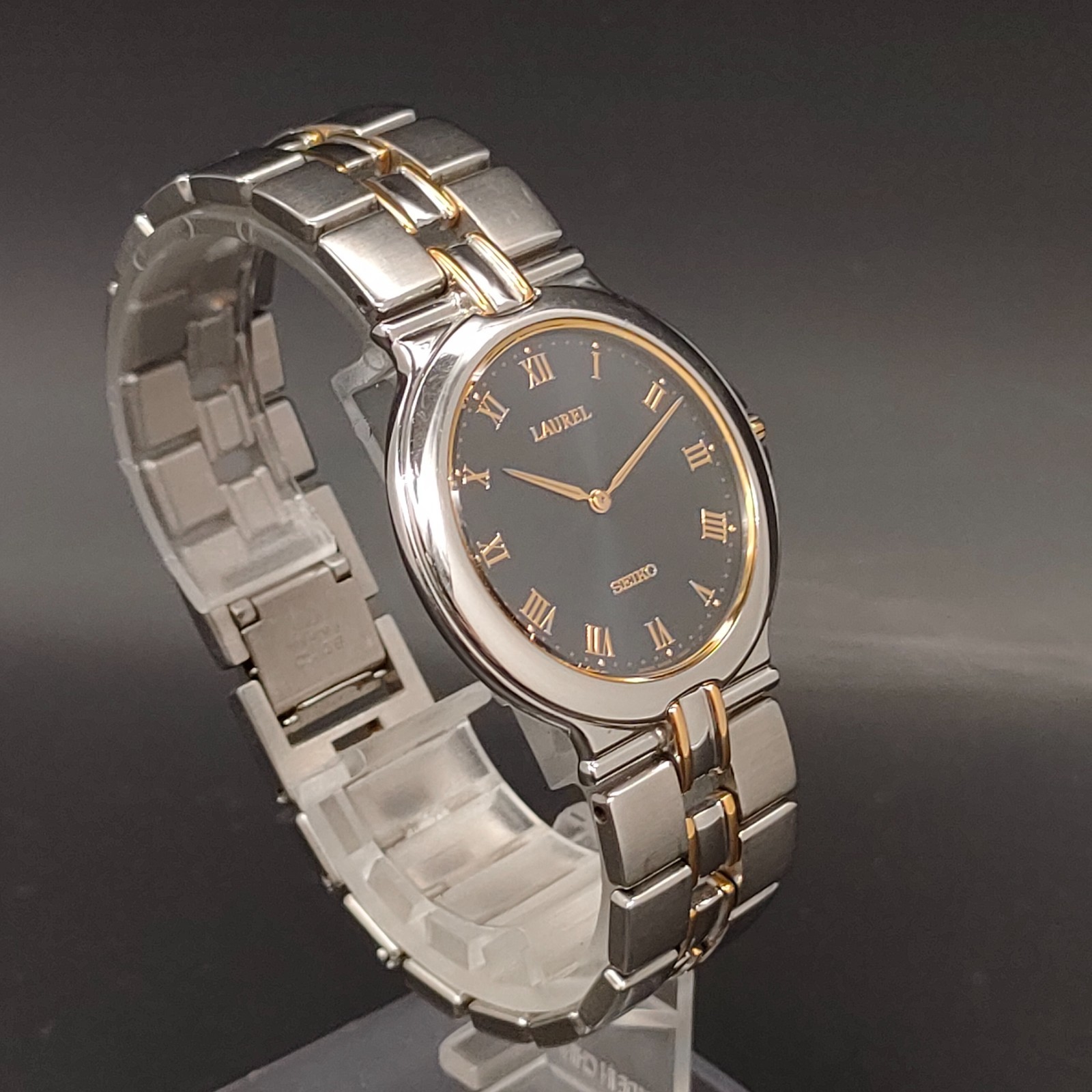 Vintage 1992 N MINT Seiko LAUREL 5A54-0270 Black Gold Tone Qz 33mm Mens Watch JP