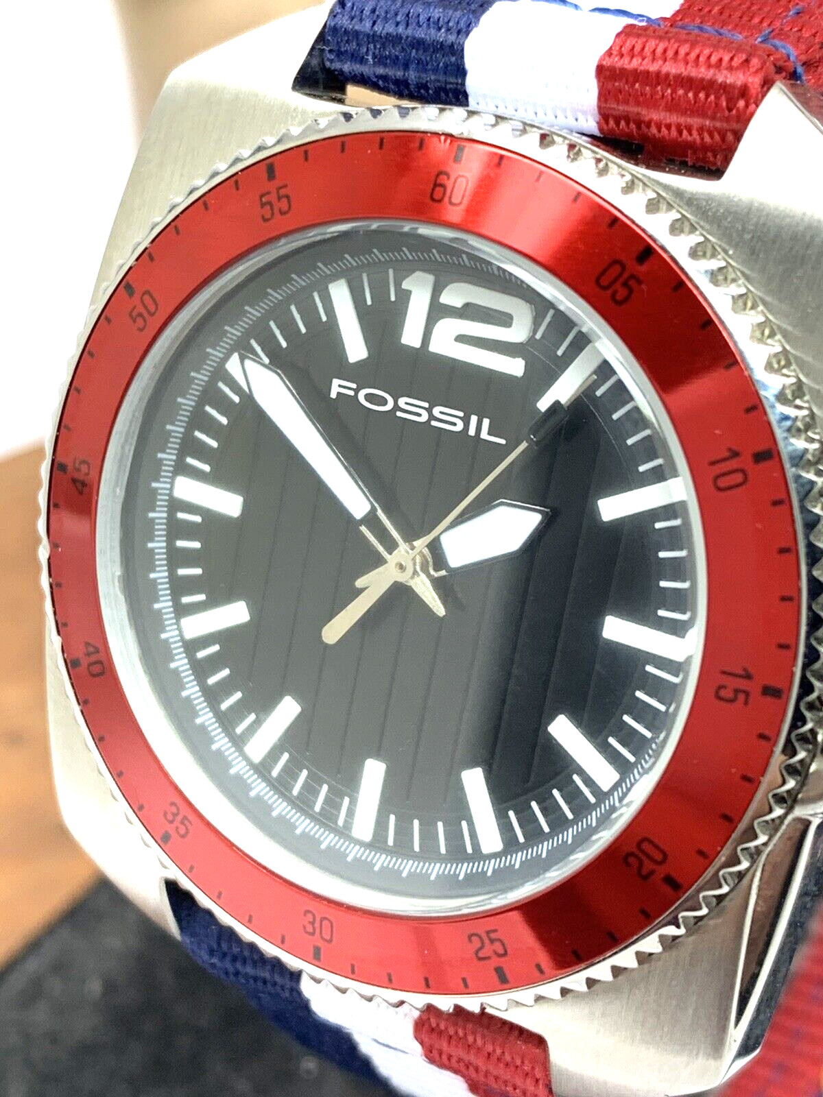 Fossil Men’s Watch WB1042 Quartz Black Dial 38mm Red Blue White Nylon Strap