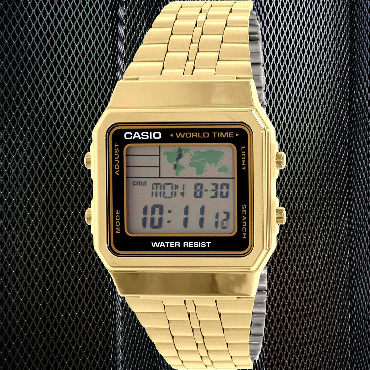 Casio World Time 5 Alarms LED Backlight Gold Steel Band Watch A-500WGA-1D New