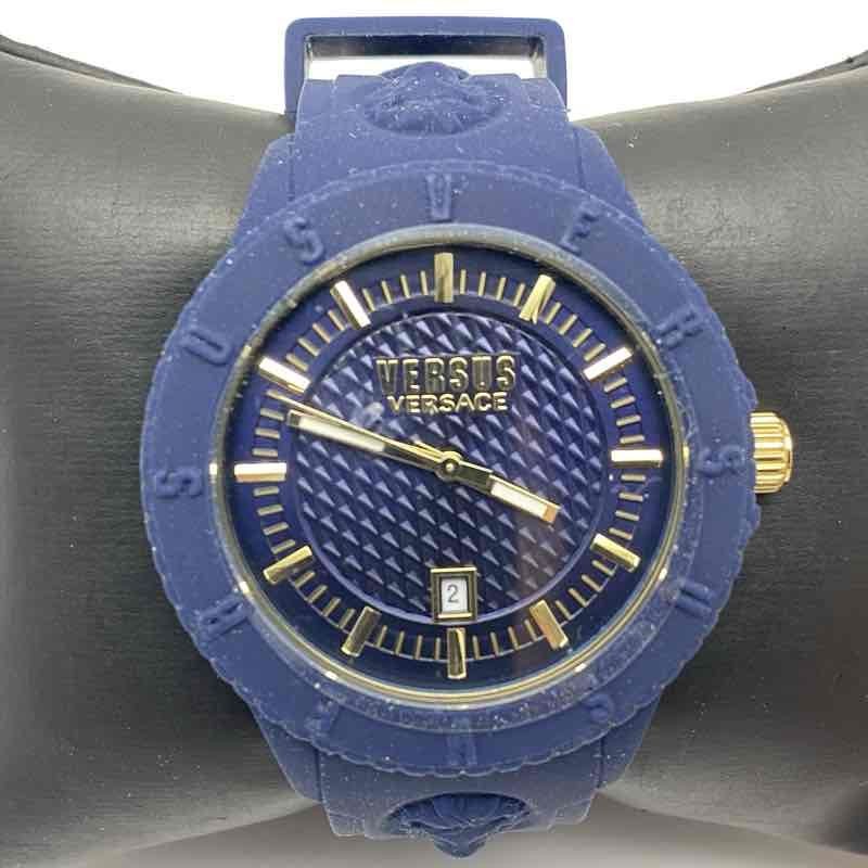 Versus Versace Blue Silicone Men’s Watch VSPOY8121 Gold Tone Textured Dial 43mm