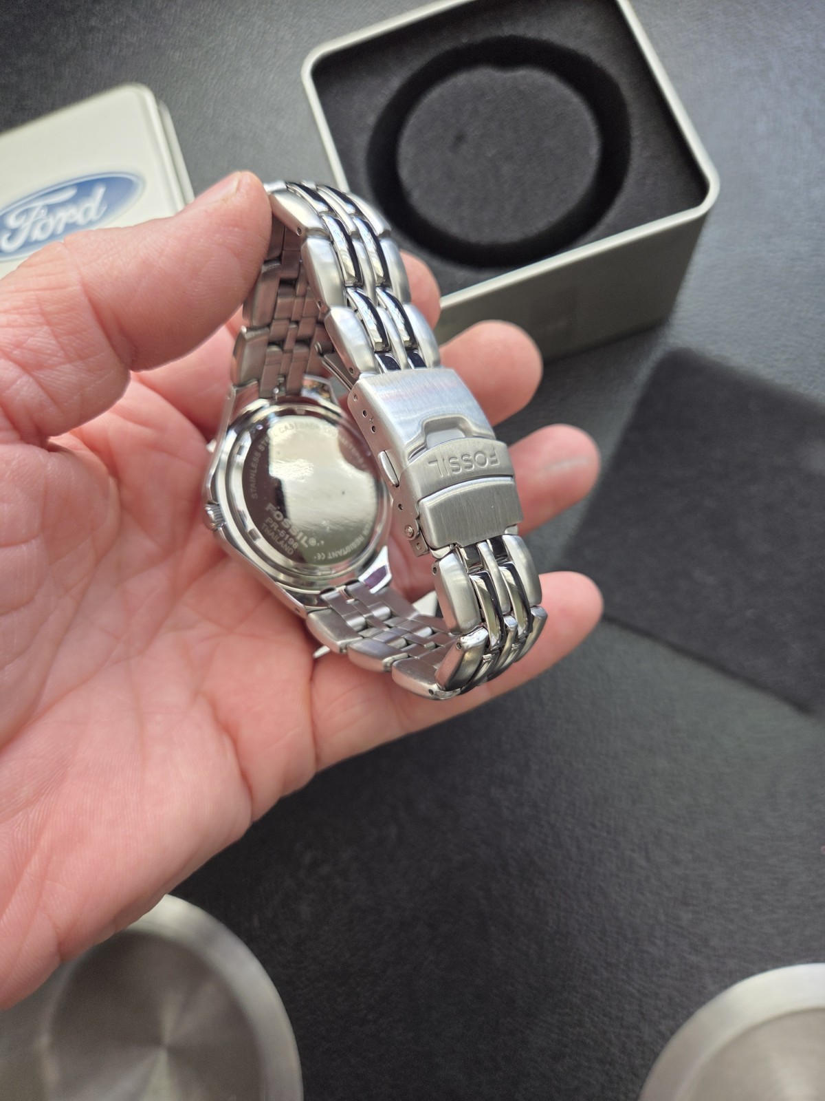 Fossil Ford Quartz Silver Dial Stainless Bracelet Watch 100m Date Box Manual