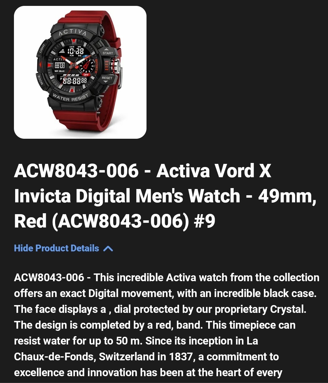 Activa Vord X Invicta Watch. Red/Black. Daily Wear ACW8043-006