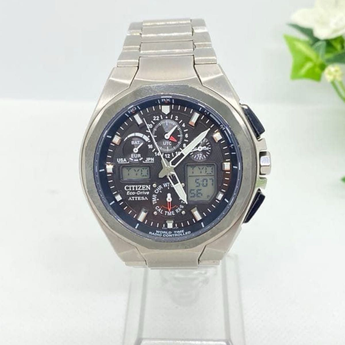 CITIZEN ATTESA Eco-Drive Solar Radio Watch U600-T011497 Tested Japan Used F/S