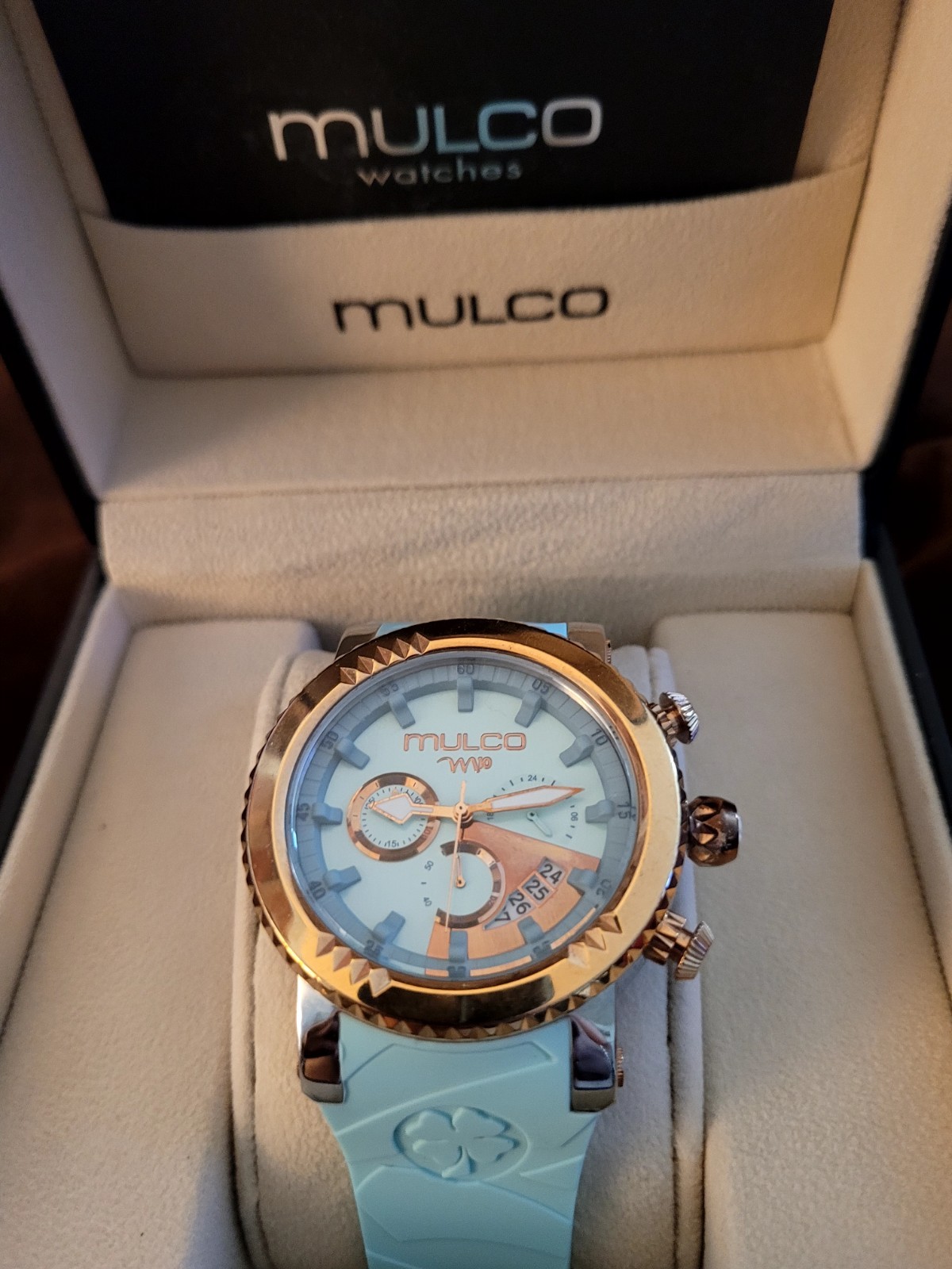 Mulco Chronograph Quartz Analog Date Watch Blue Rubber Strap Gold Tone 43mm Box