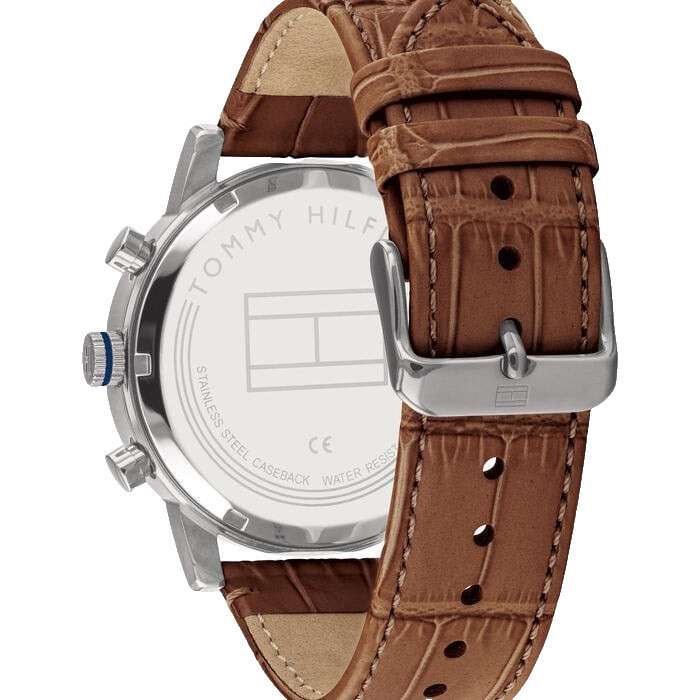 TOMMY HILFIGER 1710398 GREY DIAL BROWN LEATHER STRAP 44MM SILVER MENS WATCH