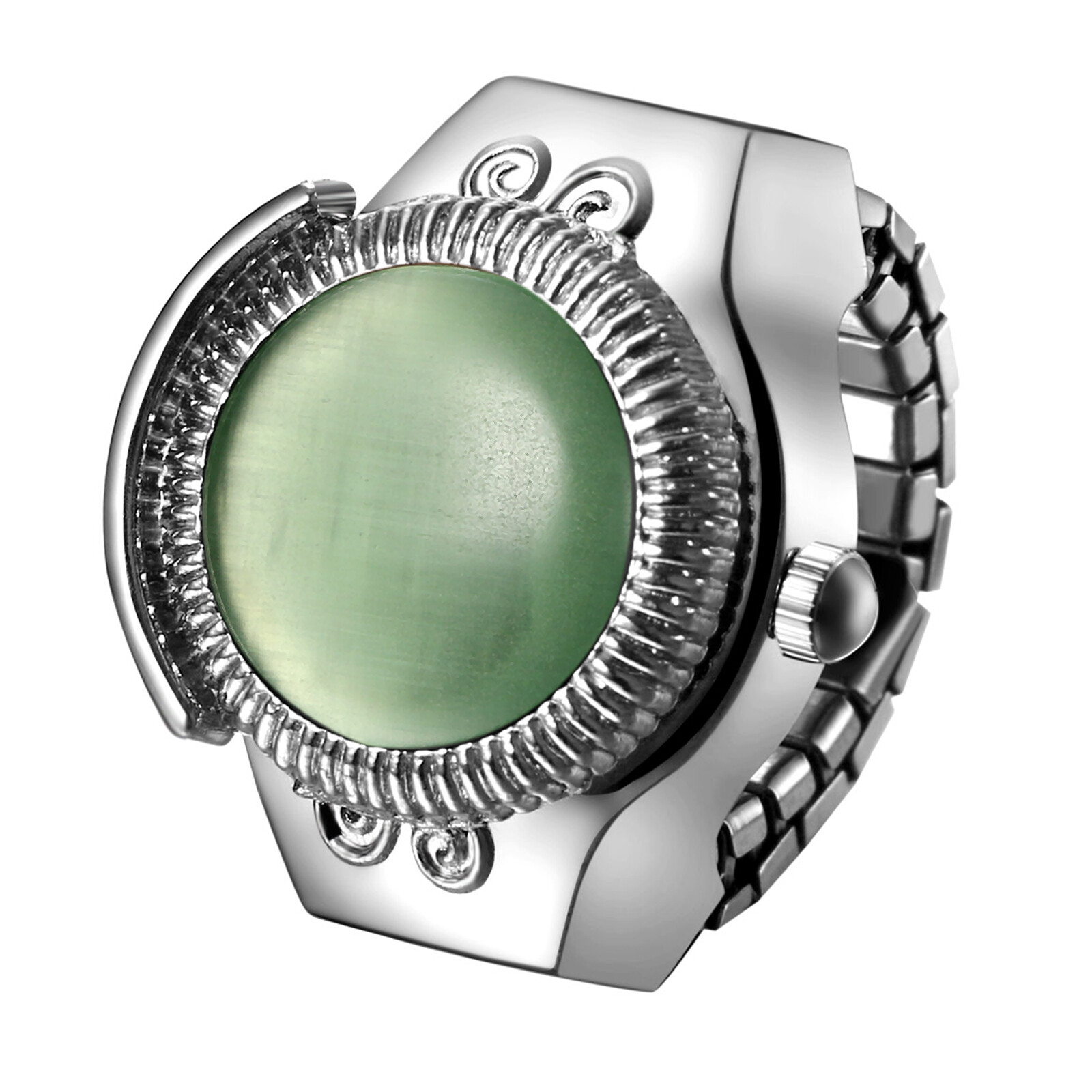 Creative Finger Ring Quartz Watch Charm Opal Inlay Stainless Steel Elastic Band