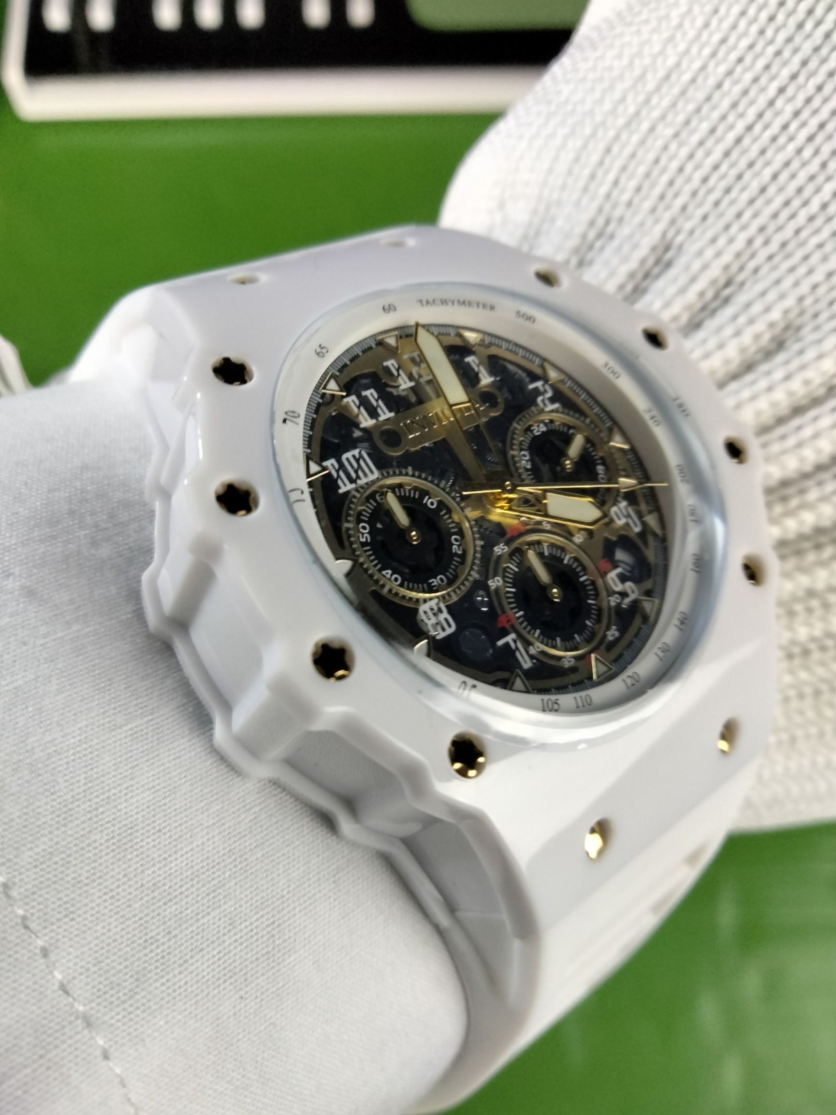 Invicta Racing 69649 Men White Skeleton Gold Dial Silicone Quartz Watch 43.5 mm