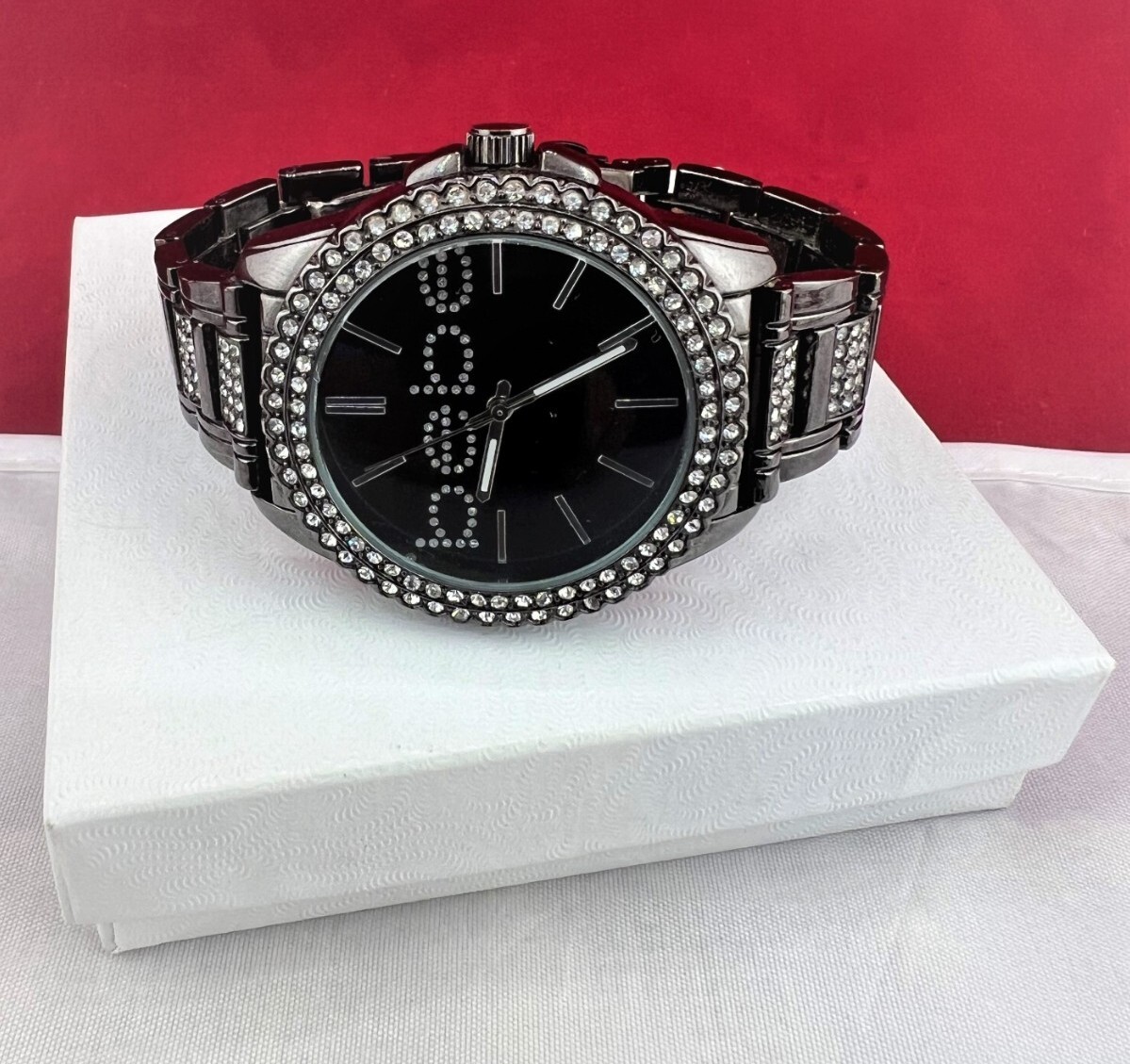 BEBE Womens Crystals Glitz Fashion Watch, Dark Grey Gunmetal Band, Gray Dial