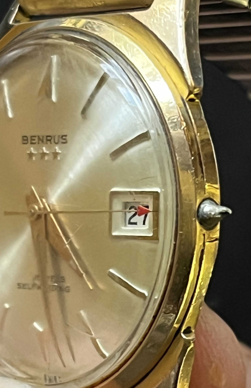 Vintage 1960s BENRUS 3 star 20 micron gold plated Mens Automatic Date Watch Runs
