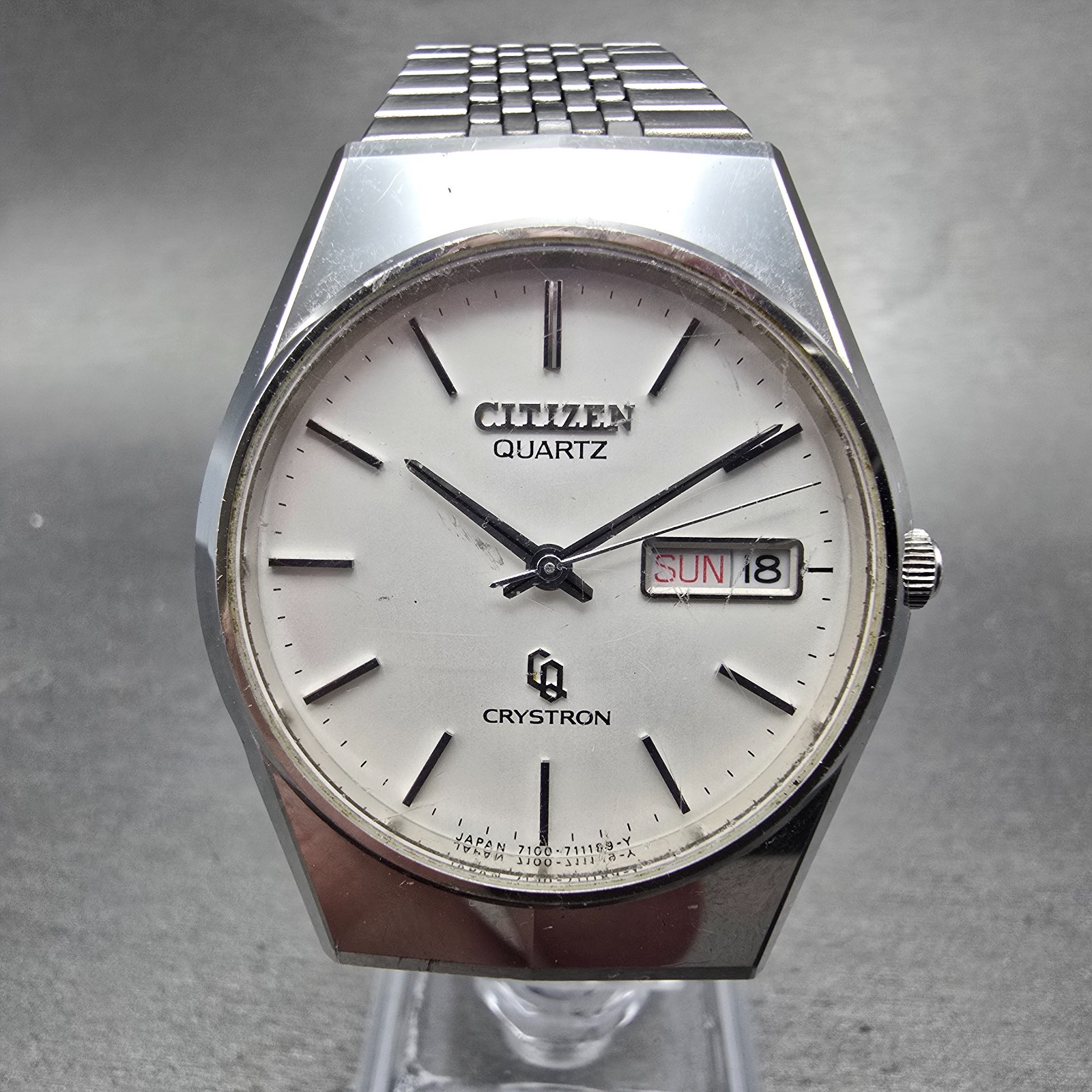 Citizen CQ Crystron Watch Men 35mm Silver Dial Steel Daydate 4-730861 NewBattery