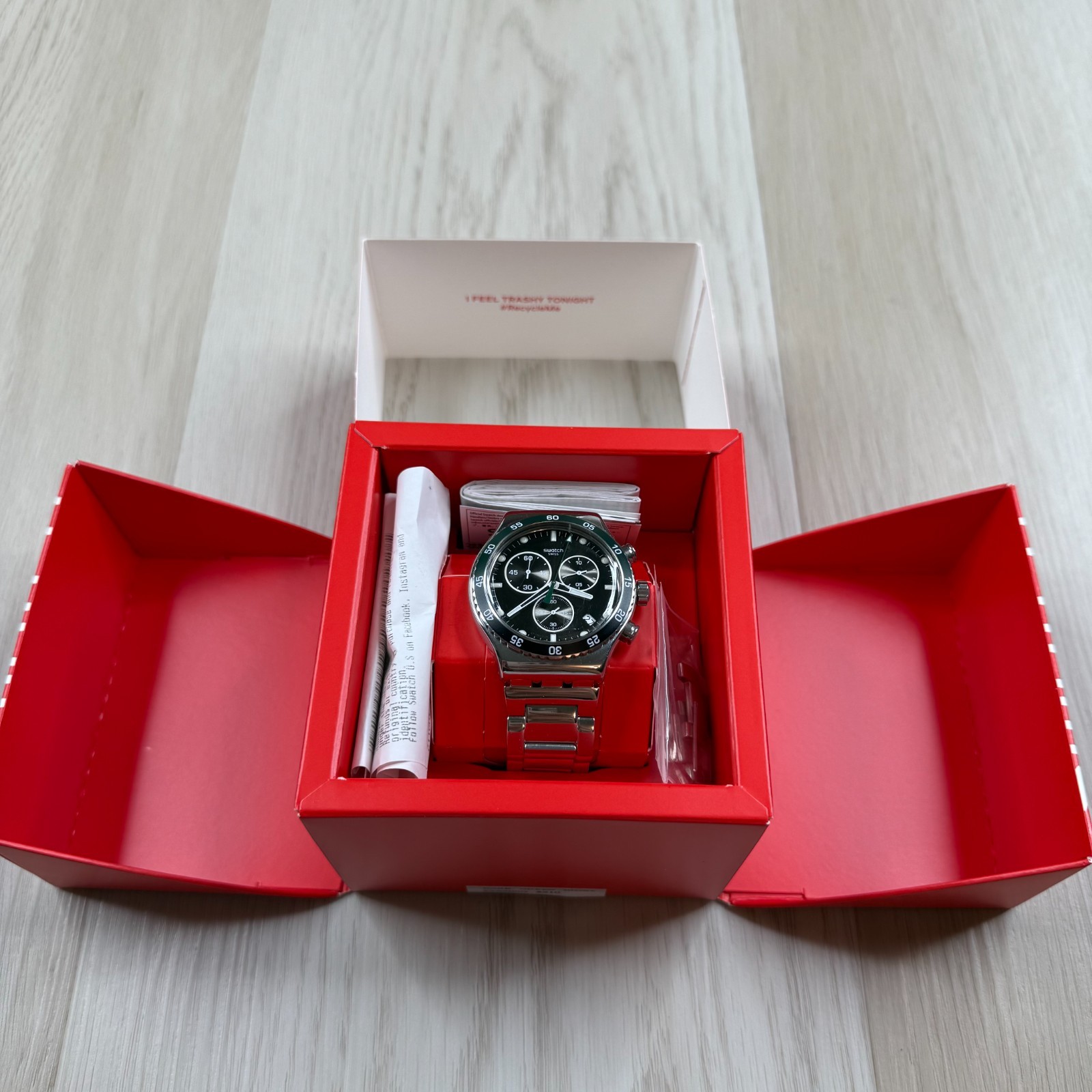 Swiss Swatch Mens YVS506G Dark Green Irony Stainless Steel Quartz Wristwatch