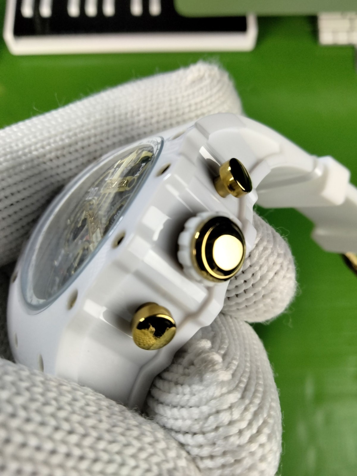 Invicta Racing 69649 Men White Skeleton Gold Dial Silicone Quartz Watch 43.5 mm